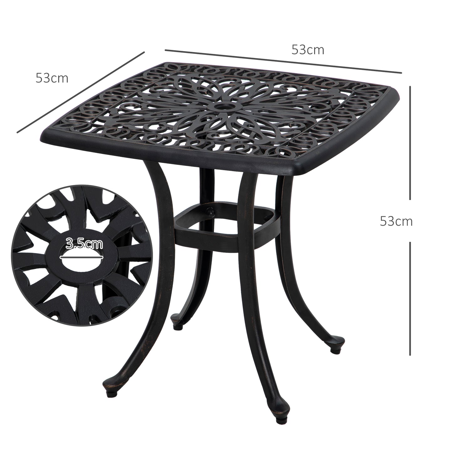 Outsunny Cast Aluminium Bistro Table Outdoor Square Side Table With Umbrella Hole Garden Table For Balcony Bronze Tone