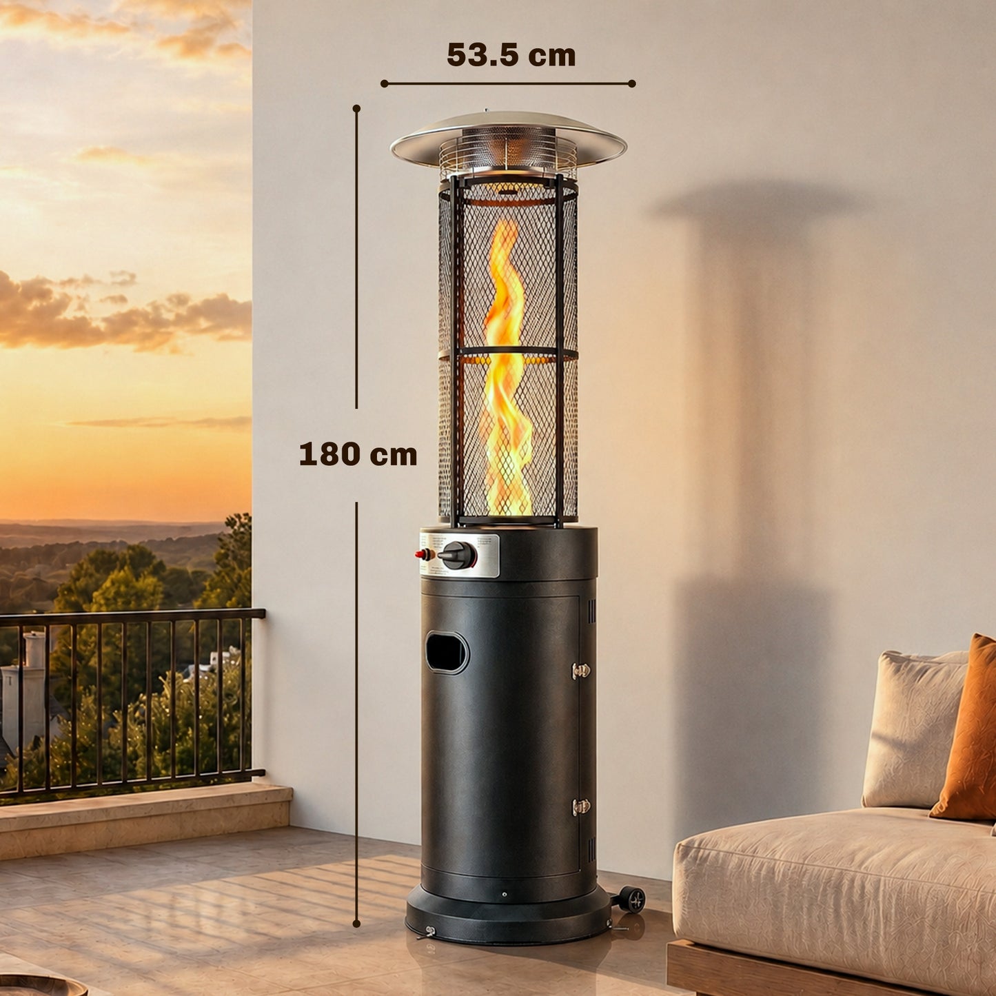 Outsunny 11 KW Freestanding Gas Patio Heater With Pulse Ignition Tip Over Switch Wheels Adjustable Heat Tank Room Black