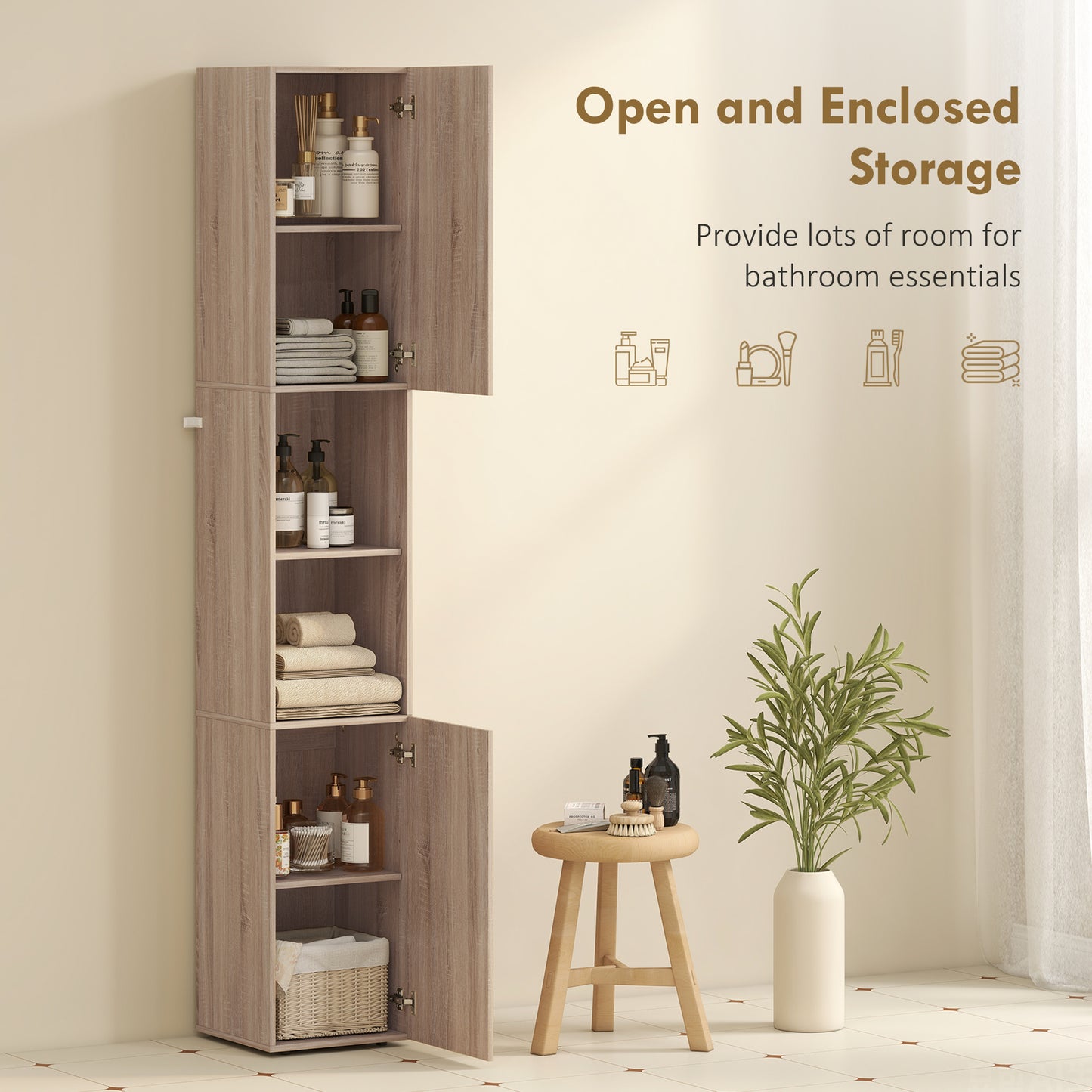 HOMCOM 6 Tier Tall Bathroom Cabinet Slim Space Saving Narrow Storage with Adjustable Shelves Natural Finish