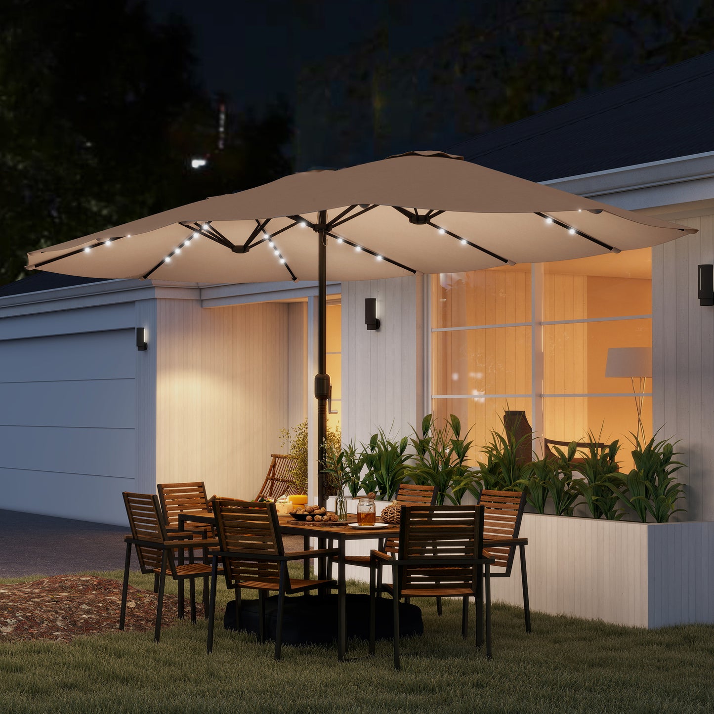 Outsunny Double Sided Patio Umbrella With Solar Powered LED Lights And Base Khaki 450 X 265 Cm Shade