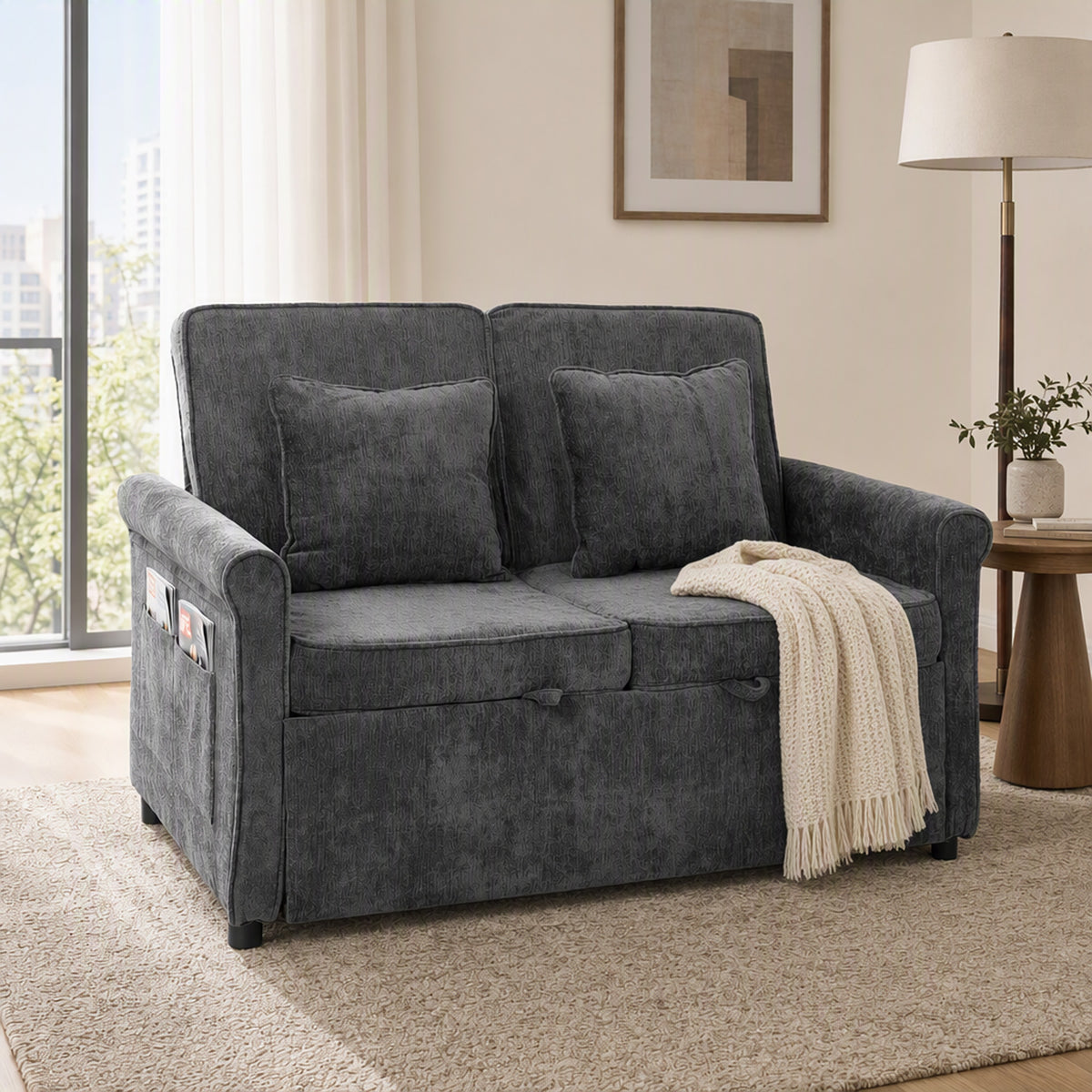 Homcom 2 Seater Sofa Bed Convertible Chenille Sleeper With Wheels Grey