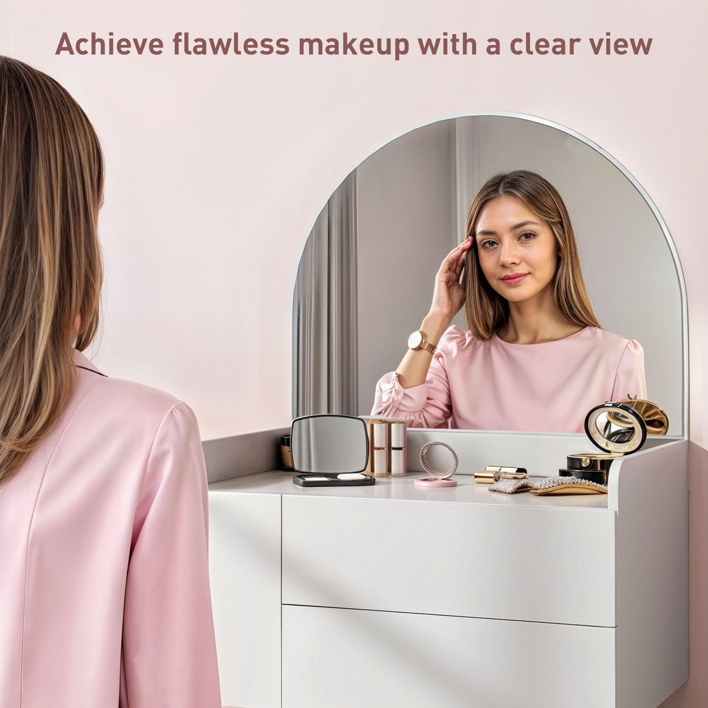 HOMCOM Three Drawer Compact Dressing Table White Vanity Desk With Large Arch Mirror