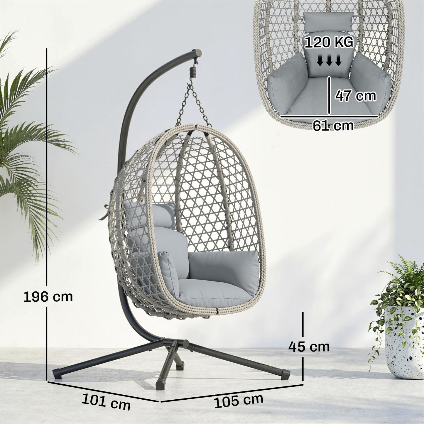 Outsunny Hanging Egg Chair With Stand Indoor Outdoor Rattan Hammock Swing Chair Safety Strap Foldable Basket Light Grey