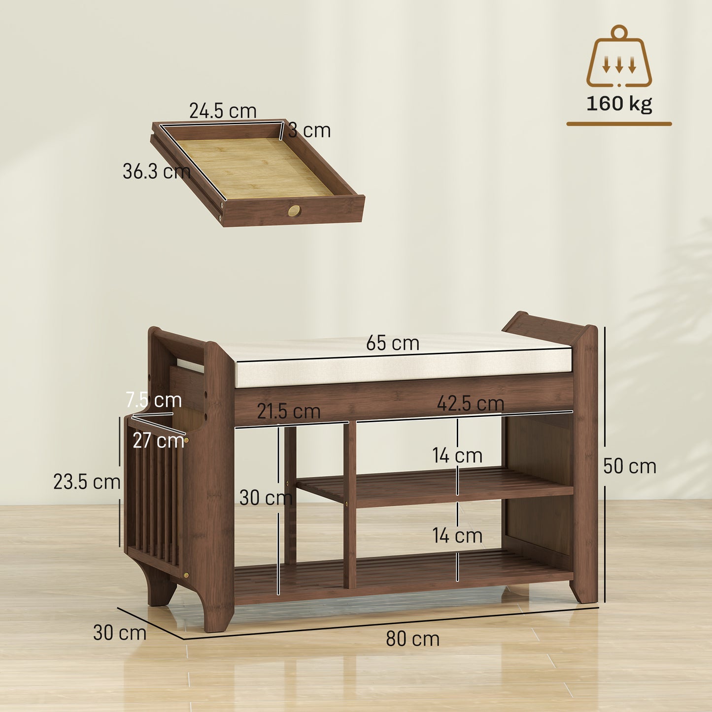 HOMCOM Shoe Bench 2 Tier Entryway Storage with Cushioned Seat 100x30x50 cm Dark Brown and Cream