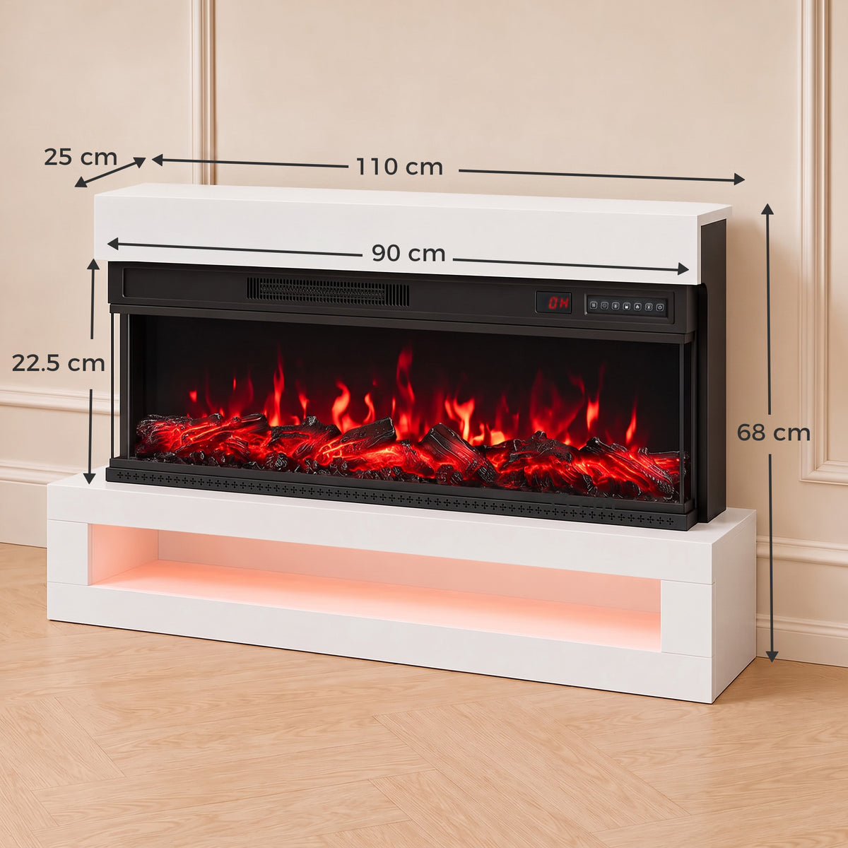 White electric fireplace with red flame insert and open shelf base