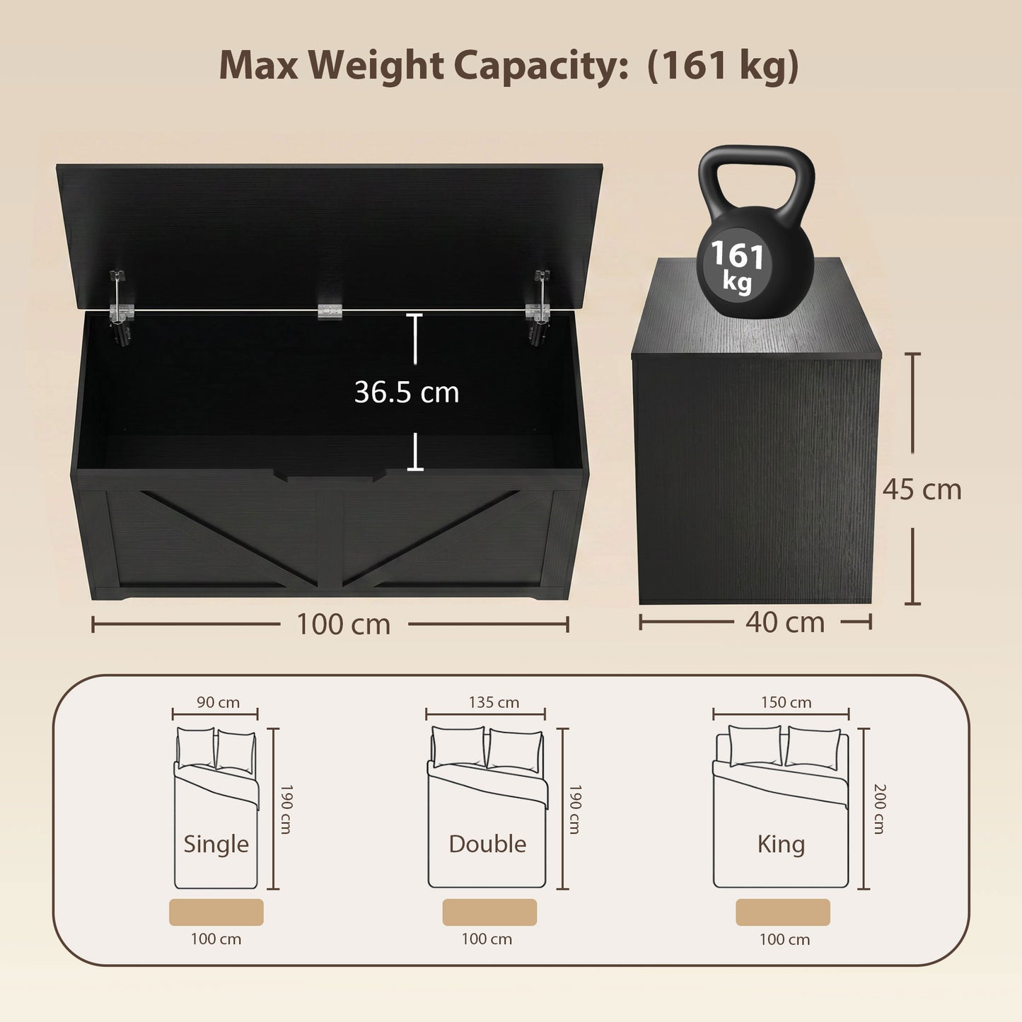 HOMCOM 127L Storage Box with Safety Hinges and Sit on Lid in Black Wood Effect Plus