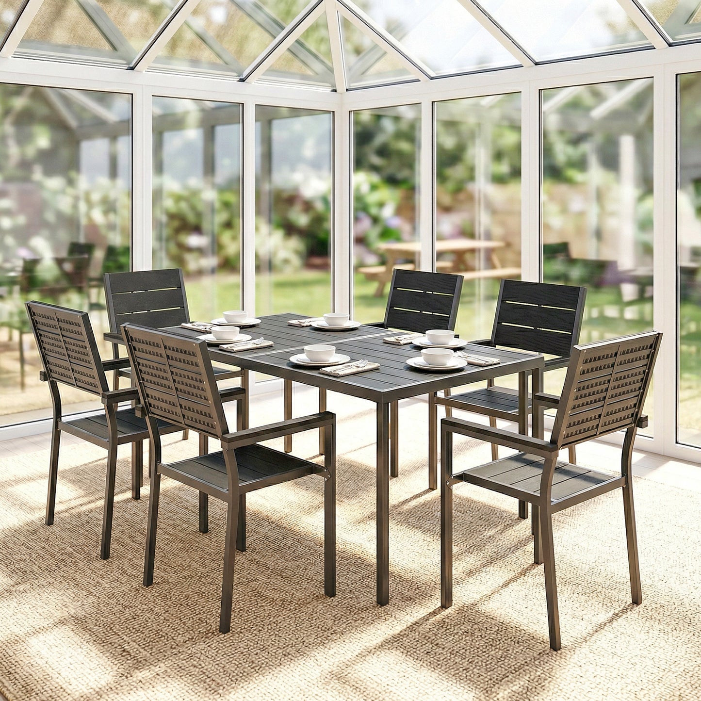 Outsunny 7 Piece Outdoor Dining Set With Slatted Tabletop For 6 Patio Table And Chairs Garden Furniture