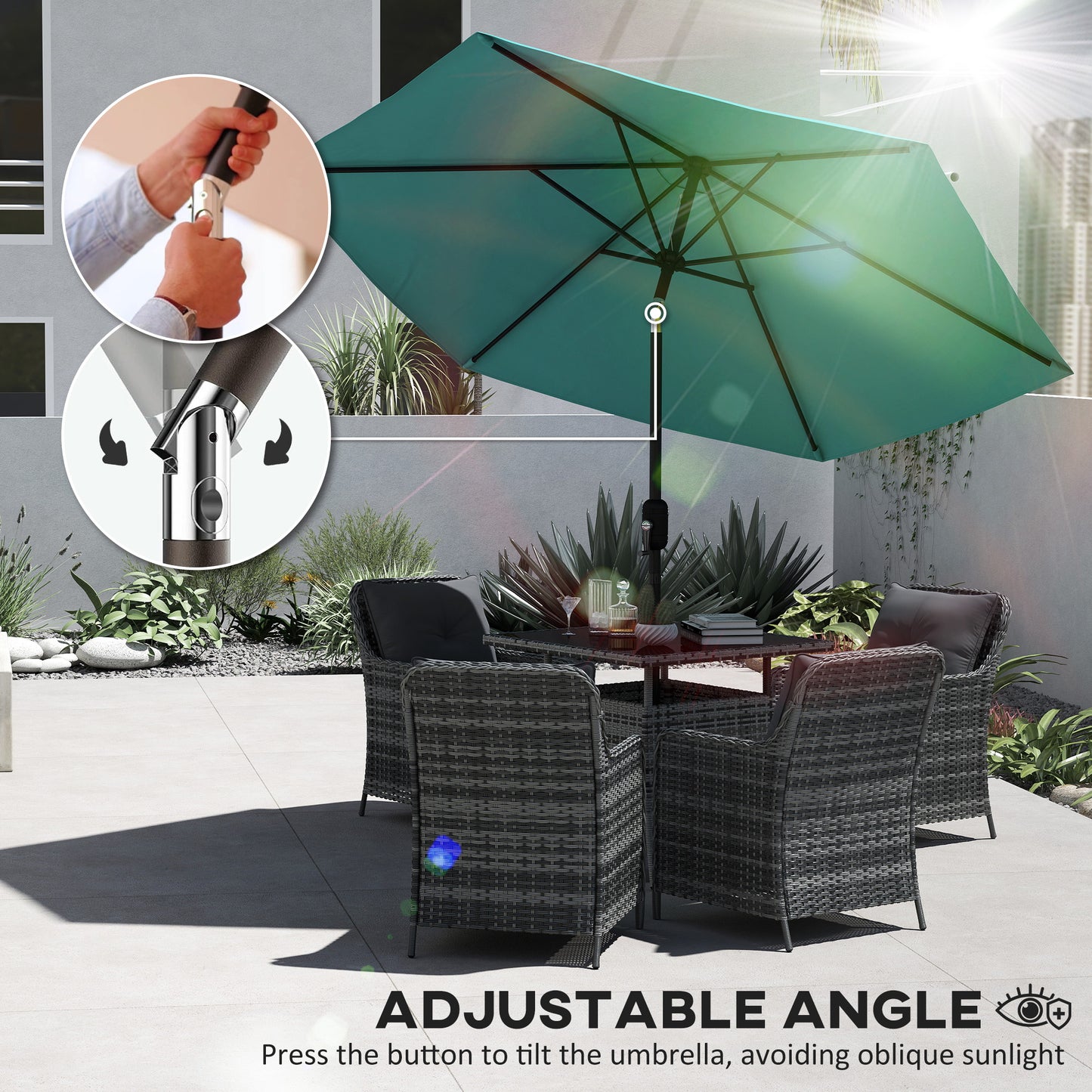 Outsunny 2.6 m Garden Parasol Umbrella With Aluminium Pole Outdoor Patio Umbrella With Tilt And Crank Vent Turquoise