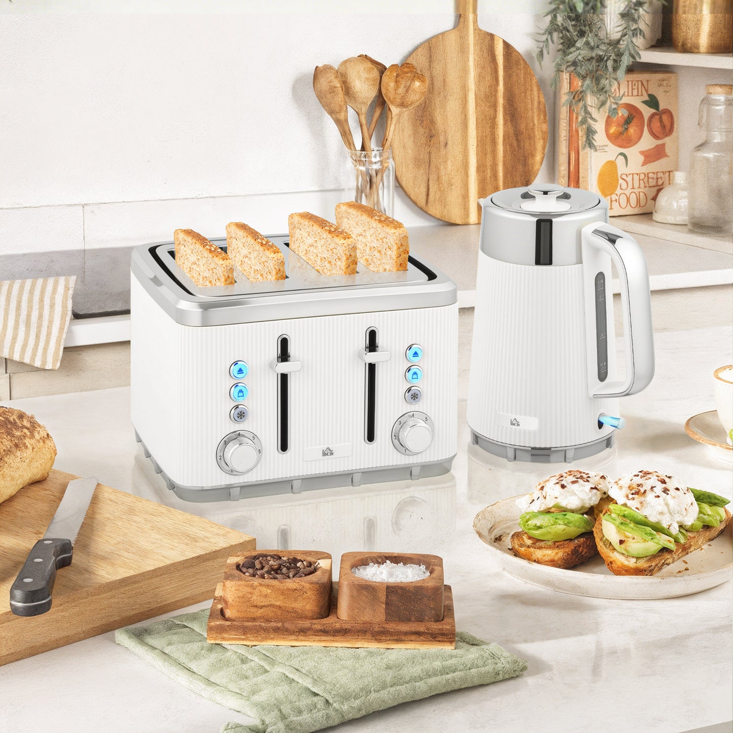 HOMCOM Kettle And Toaster Set 3000W 1.7L UK Strix Thermostat Limescale Filter 4 Slice Toaster 7 Browning Levels White