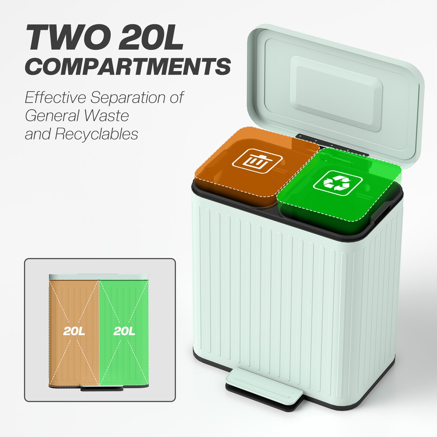 HOMCOM 40L Dual Compartment Rubbish Bin With Pedal And Soft Close Lid For Kitchen Stay Open Lid Green