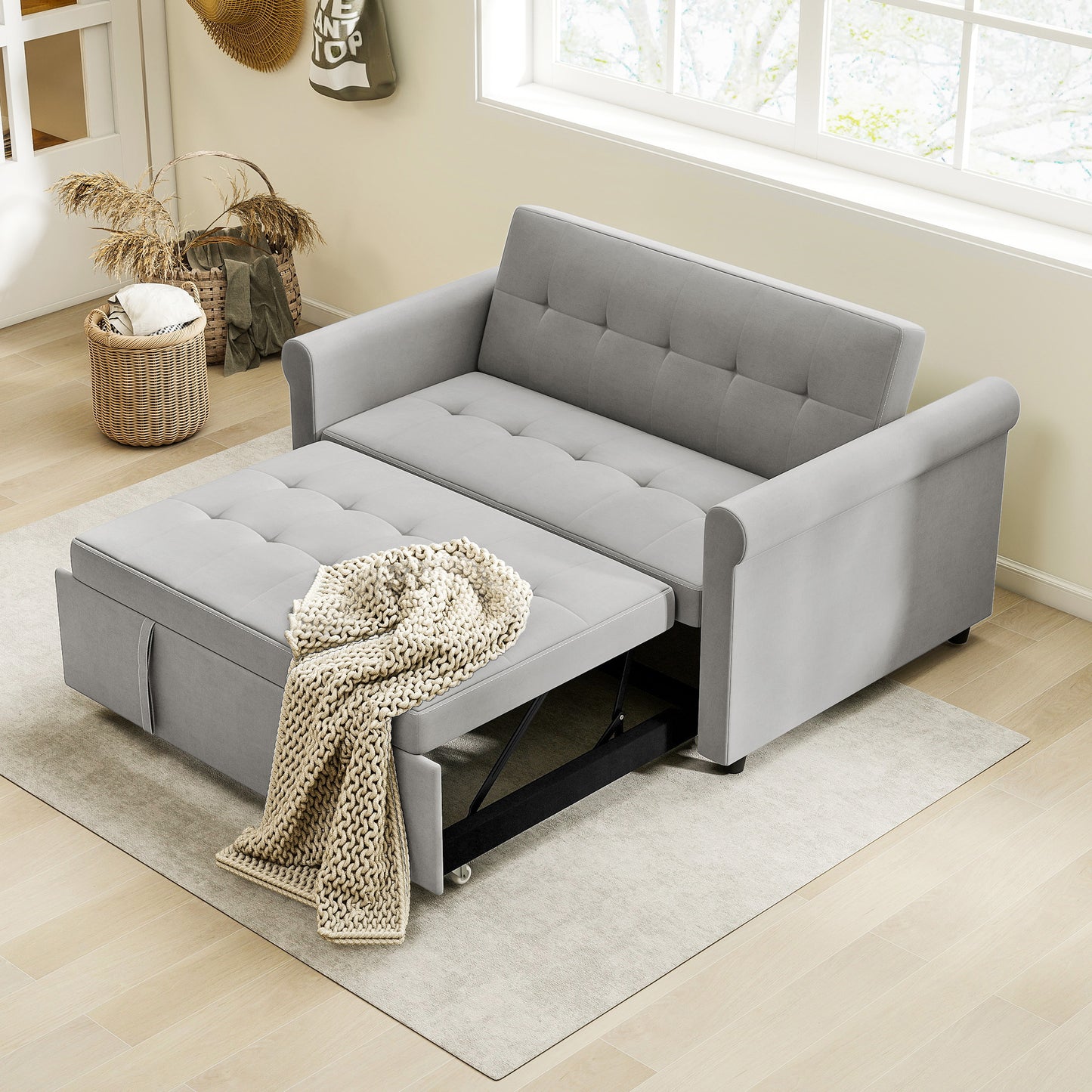 HOMCOM Two-Seater Velvet-Feel Sofa Bed Grey With Adjustable Back and High-Density Foam