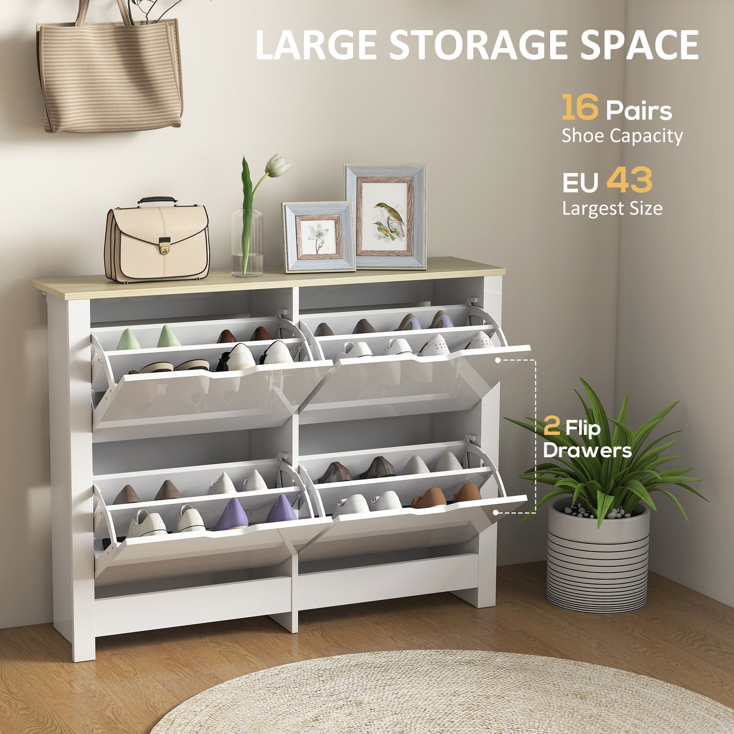 Homcom Slim White Shoe Cabinet Narrow Cupboard With 4 Flip Drawers And Adjustable Shelves For 16 Pairs Of Shoes