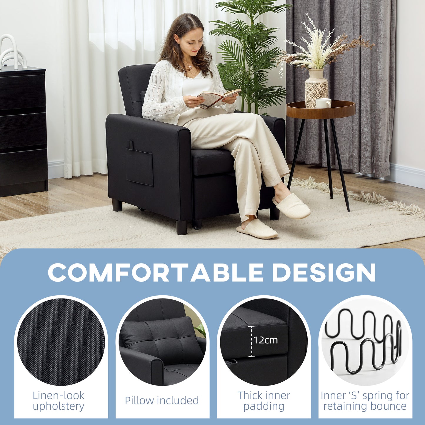 HOMCOM Linen Look 3 In 1 Single Chair Bed With 11 cm Thick Adjustable Back And Eucalyptus Wood Frame Black