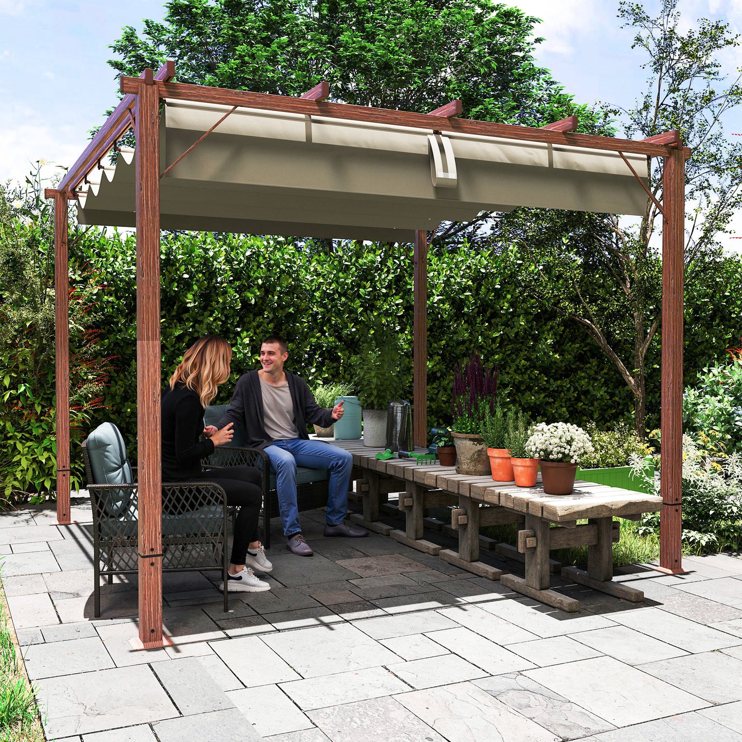 Outsunny 3 x 3 m Retractable Roof Pergola With Aluminum Frame And Natural Wood Finish