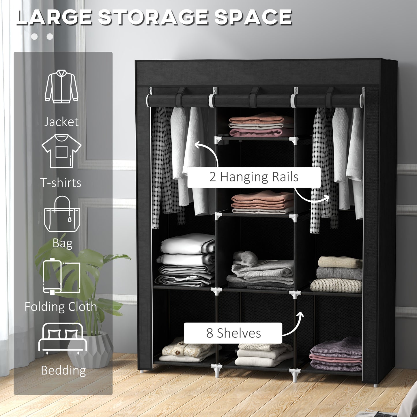 HOMCOM Fabric Wardrobe With Rails And Shelves In Black, Dustproof Fabric Closet Organizer With Roll Up Door