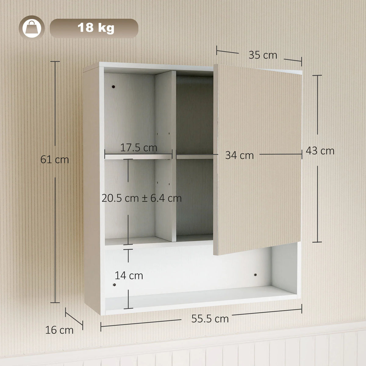 White wall-mounted bathroom mirror cabinet with adjustable interior shelving for storage