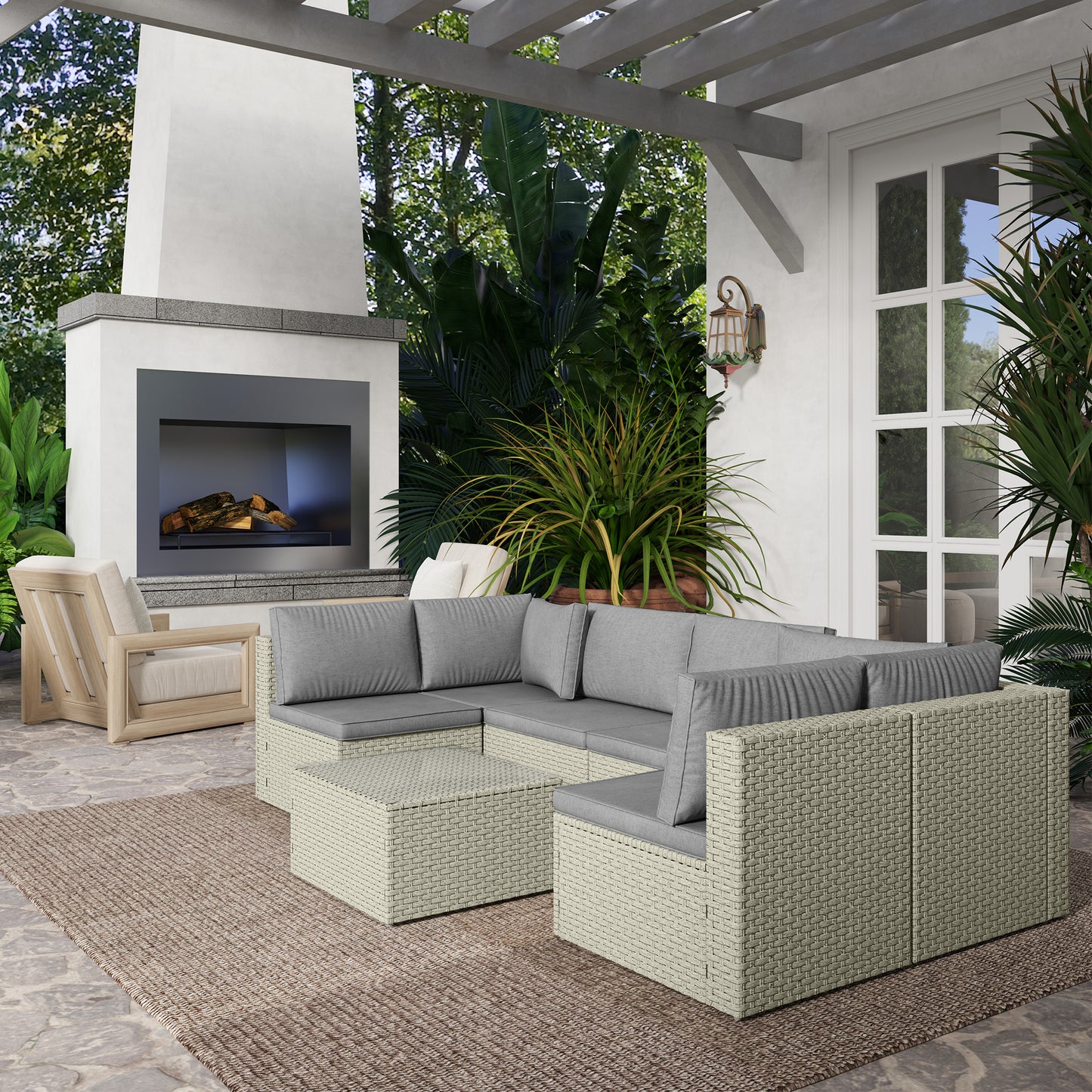 Outsunny Seven Piece Modular Rattan Garden Set With Table And Chairs Light Brown For Outdoor Patio