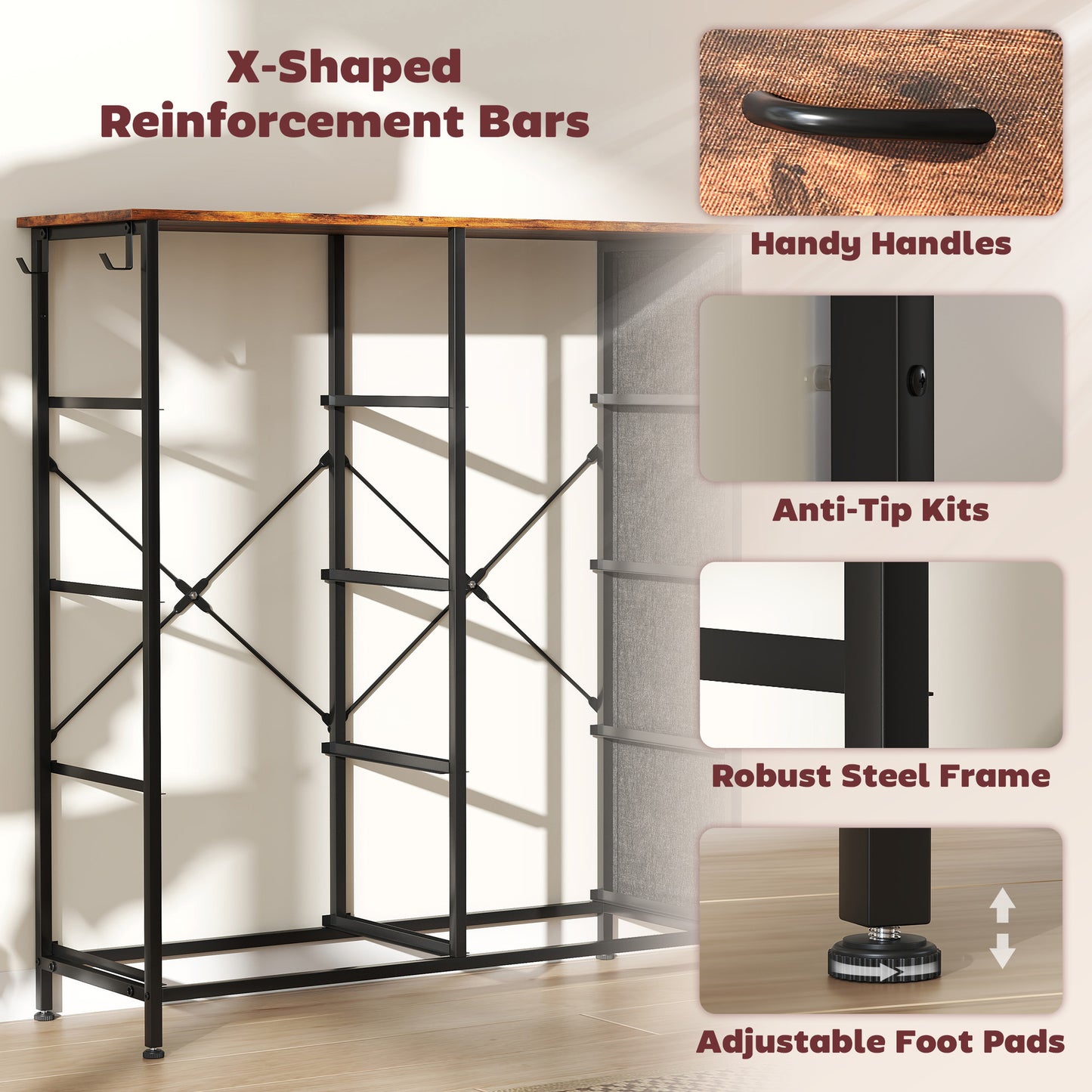 HOMCOM Chest Of Eight Fabric Drawers Rustic Brown With Steel Frame And X Bars For Bedroom Storage