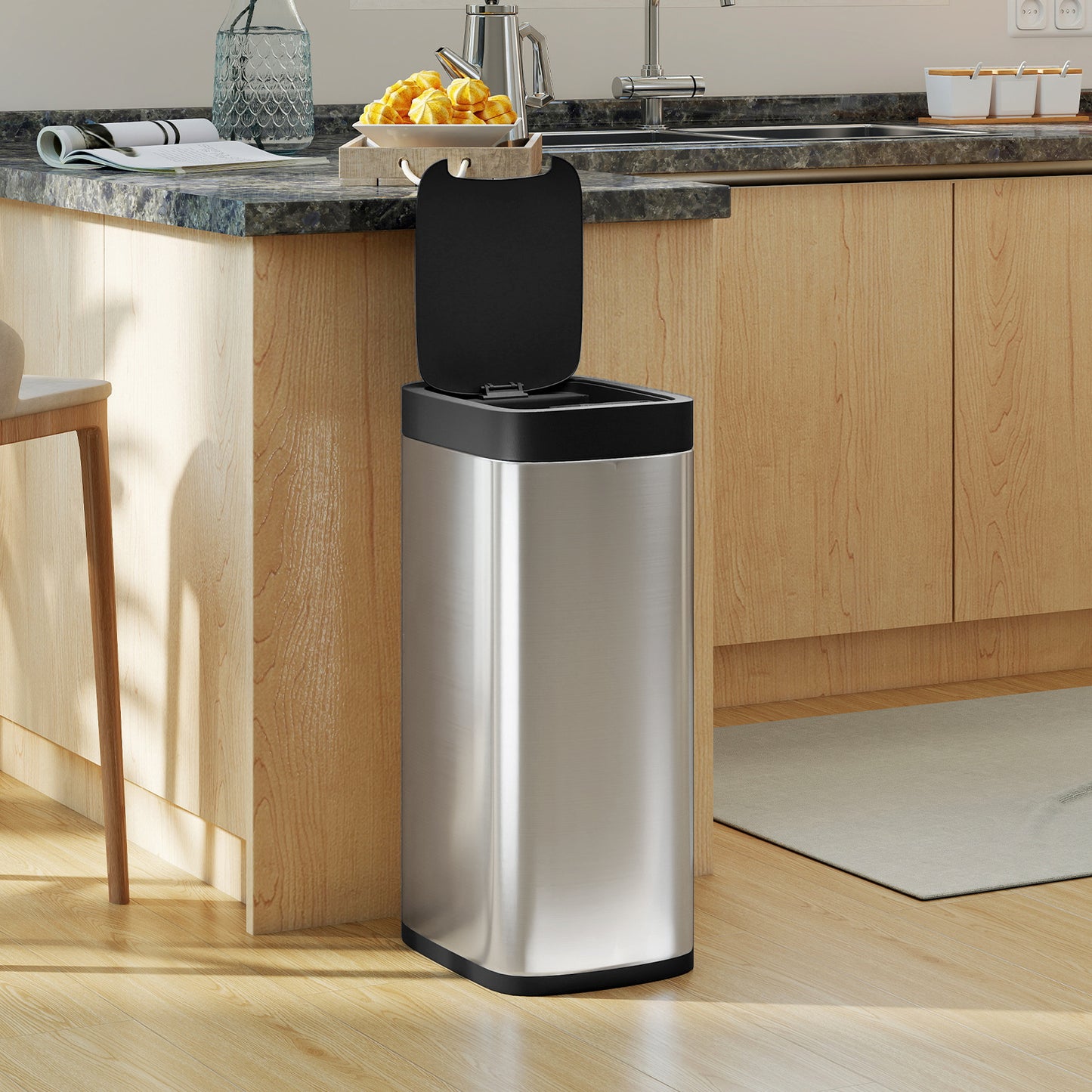 HOMCOM 50L Sensor Bin Automatic Touchless Kitchen Bin With Manual Override Battery Operated Inner Bucket Free
