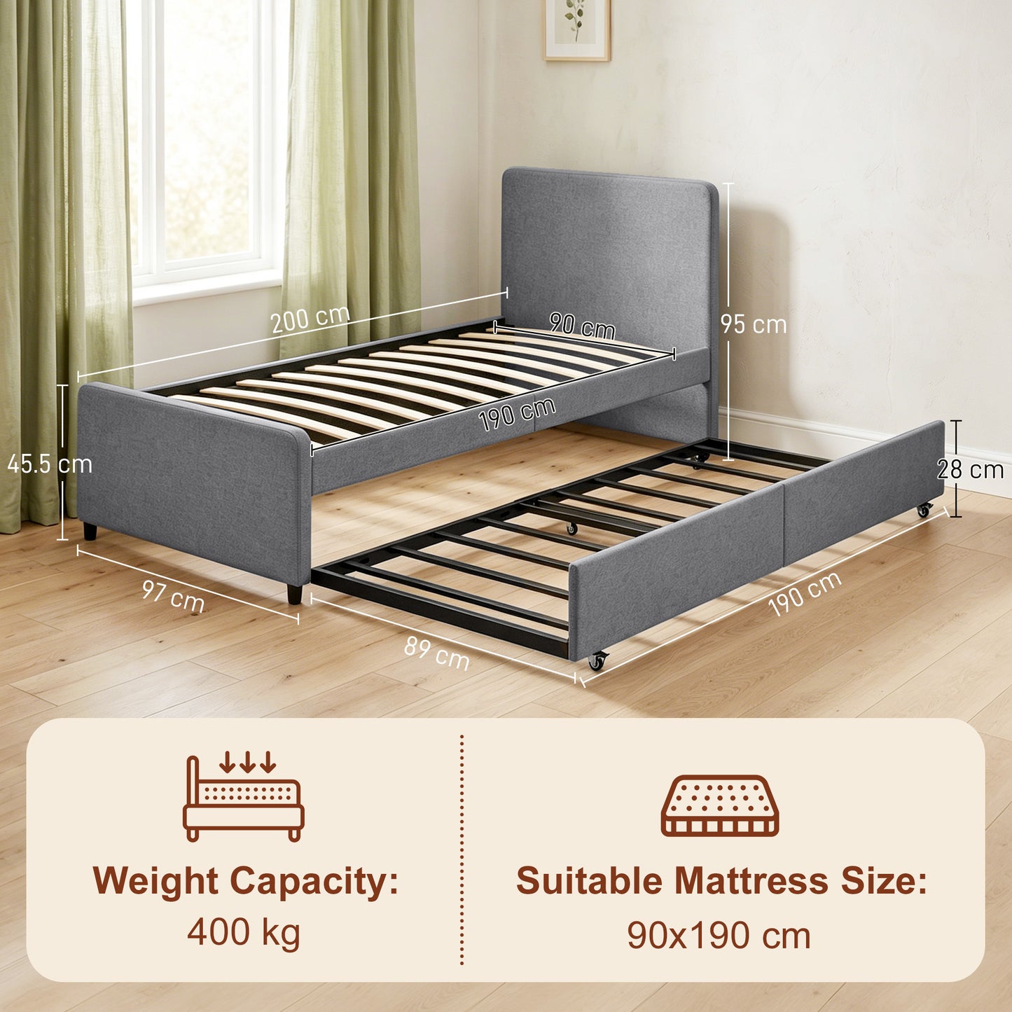 HOMCOM 3 Foot Single Bed Frame With Upholstered Pull Out Trundle Bed Headboard And Footboard Dark Grey