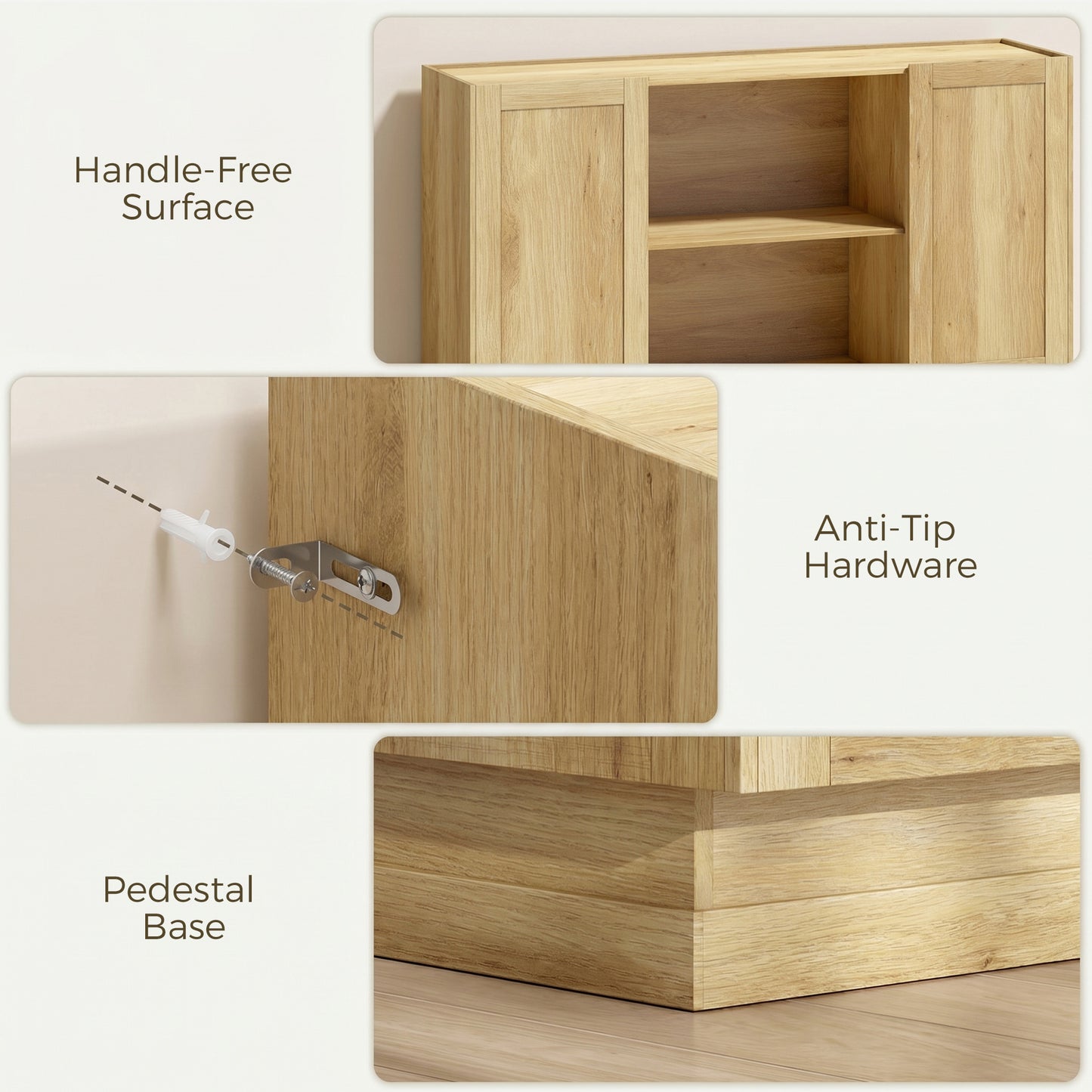HOMCOM Sideboard Buffet Cabinet 133 cm Storage With 2 Open Shelves And 2 Cupboards Soft Close Doors Natural Finish