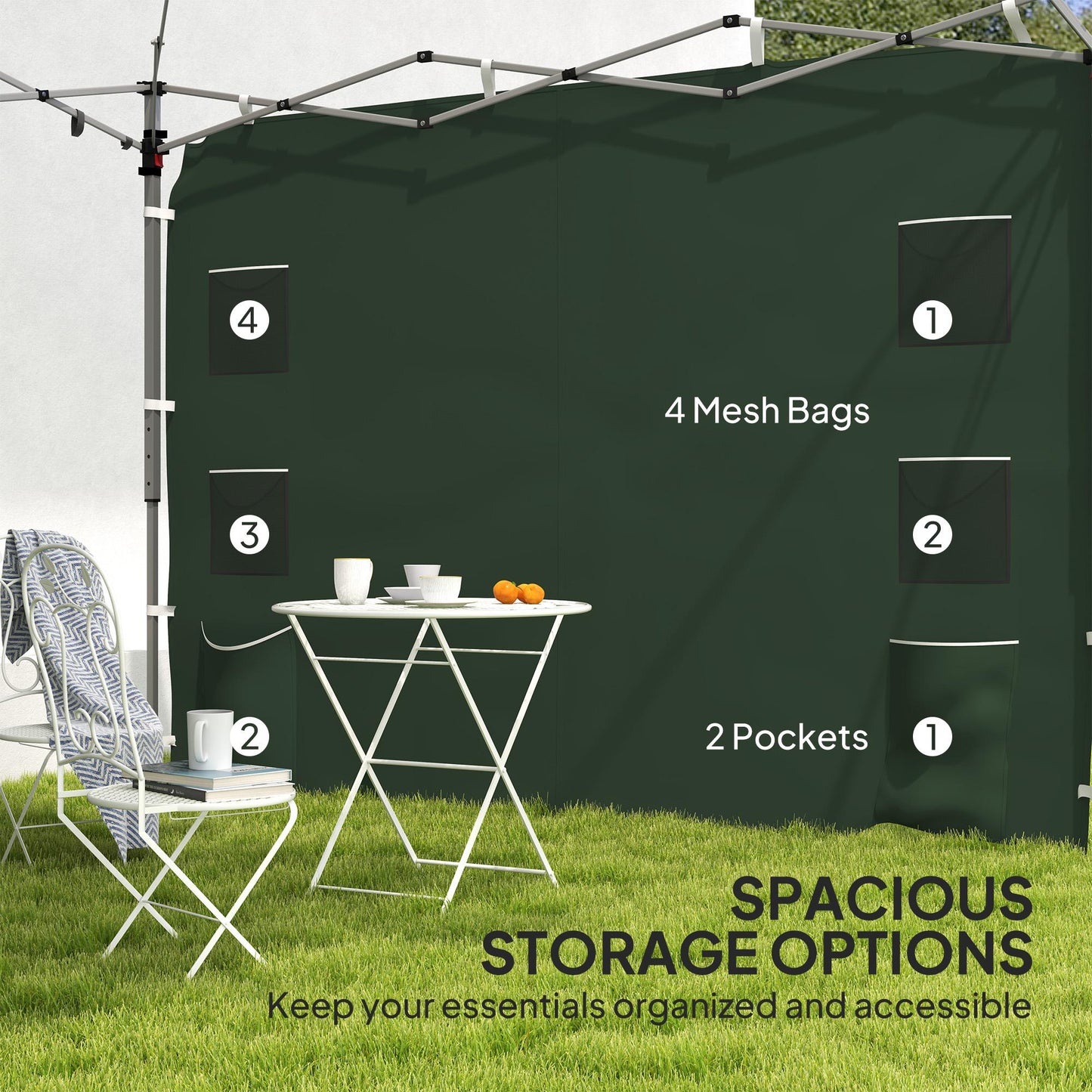 Outsunny Replacement Gazebo Sidewall 195 x 295 cm Green With Mesh Pockets And Hook And Loop Fasteners