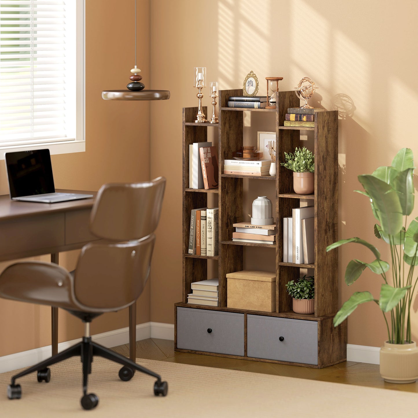 HOMCOM 12 Cubby Storage Unit With Drawers Brown Anti Tip Kit Sturdy Base Tree Bookcase