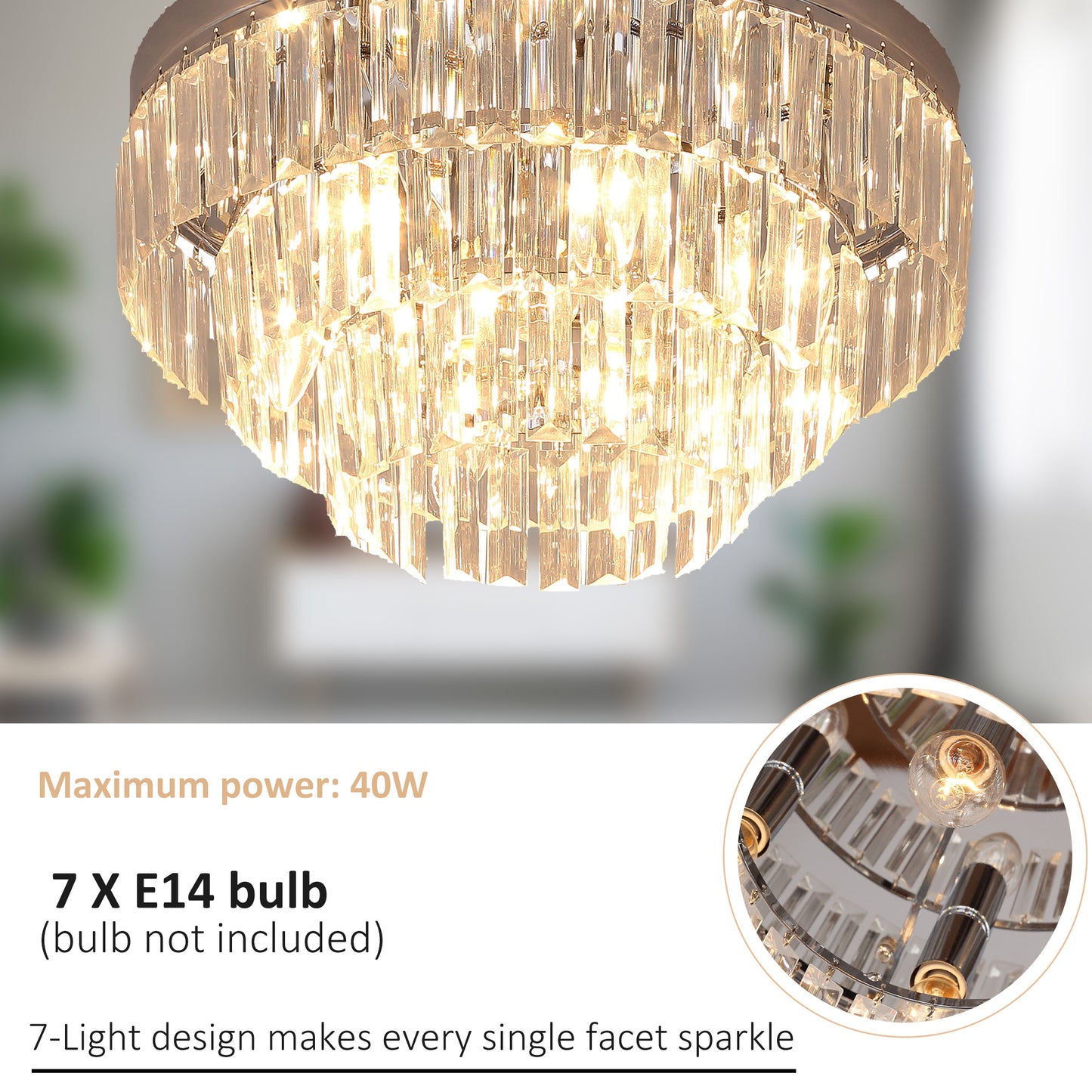 HOMCOM 2 Pack Crystal Ceiling Lights Chandeliers Pendant Lamps 7 Lights E14 Fittings for Living Room Bedroom Silver