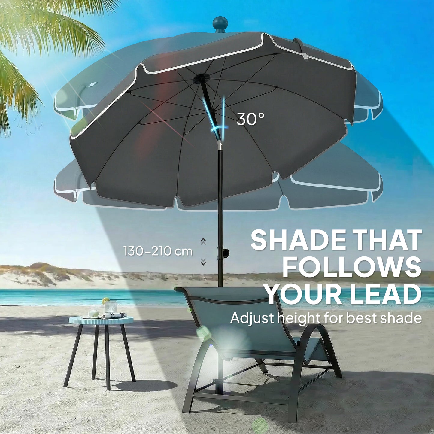 Outsunny 1.8m Beach Umbrella Parasol With Sand Anchor 30 Degree Tilt Adjustable Height Dark Grey