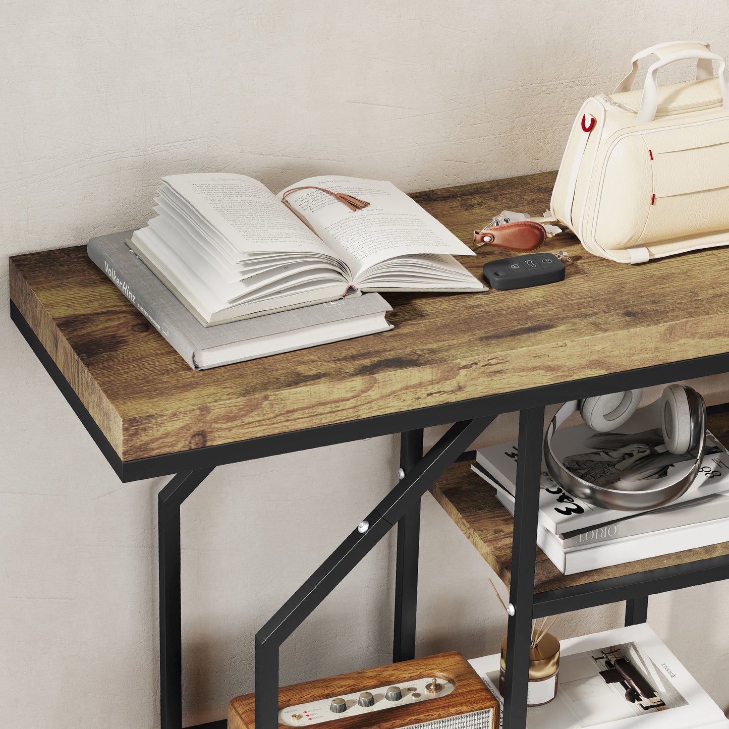 HOMCOM 4-Tier Industrial Console Table With Storage In Rustic Brown Finish For Entryways Hallways And Living Spaces