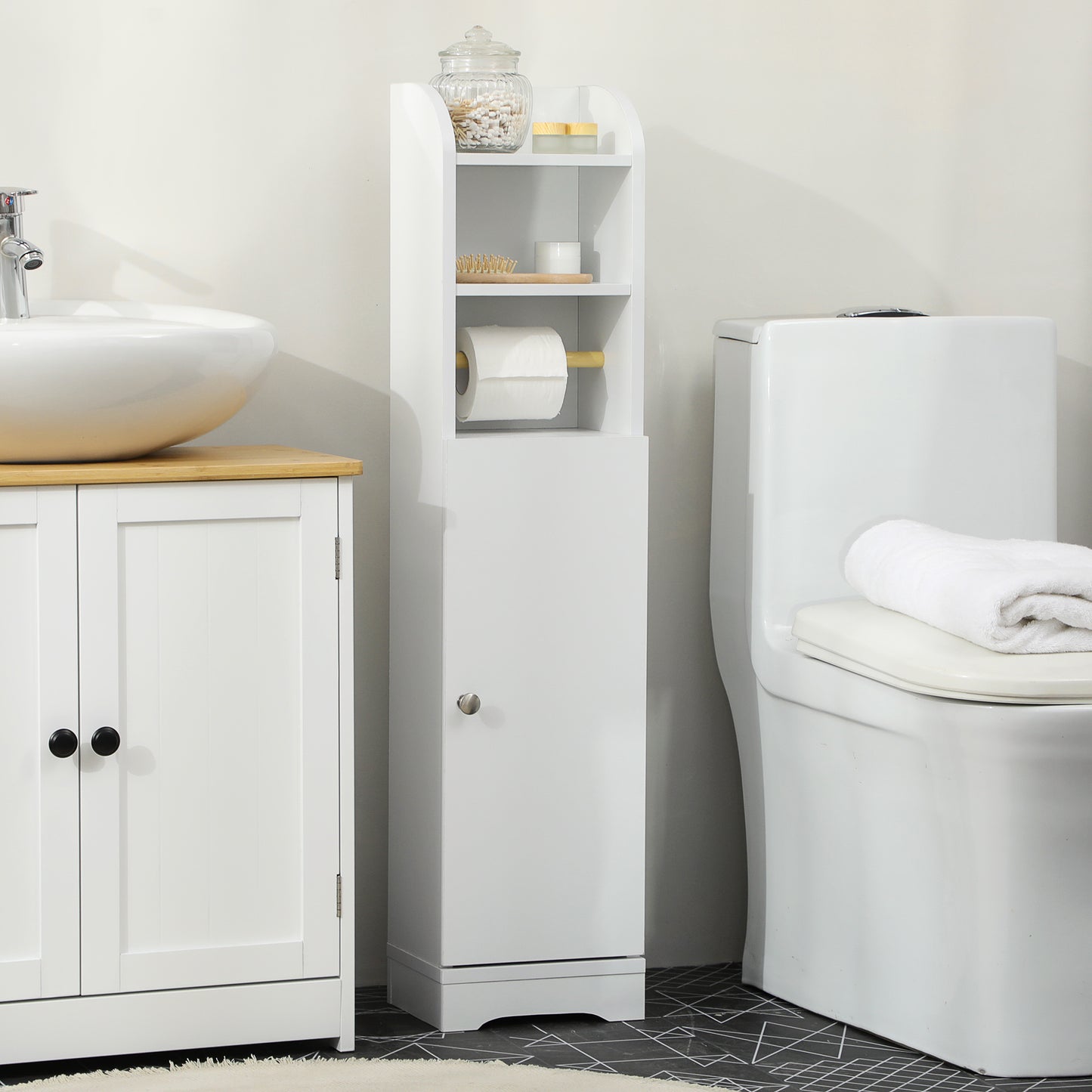Kleankin Narrow Multi Storage Bathroom Cabinet White With Two Upper Shelves Toilet Roll Holder And Two Tier Cupboard