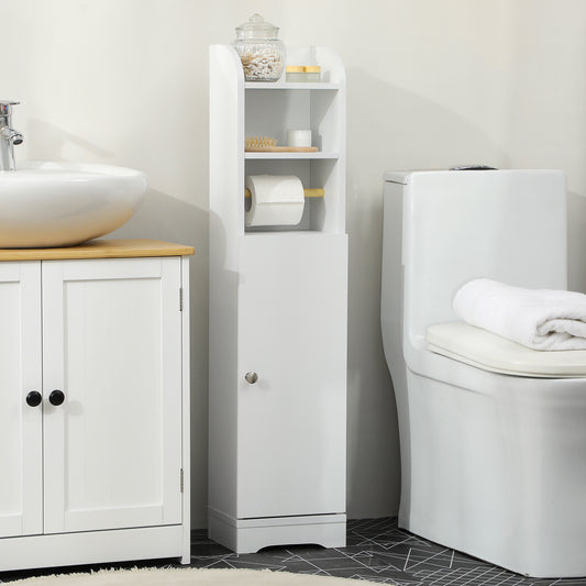 Kleankin Narrow Multi Storage Bathroom Cabinet White With Two Upper Shelves Toilet Roll Holder And Two Tier Cupboard