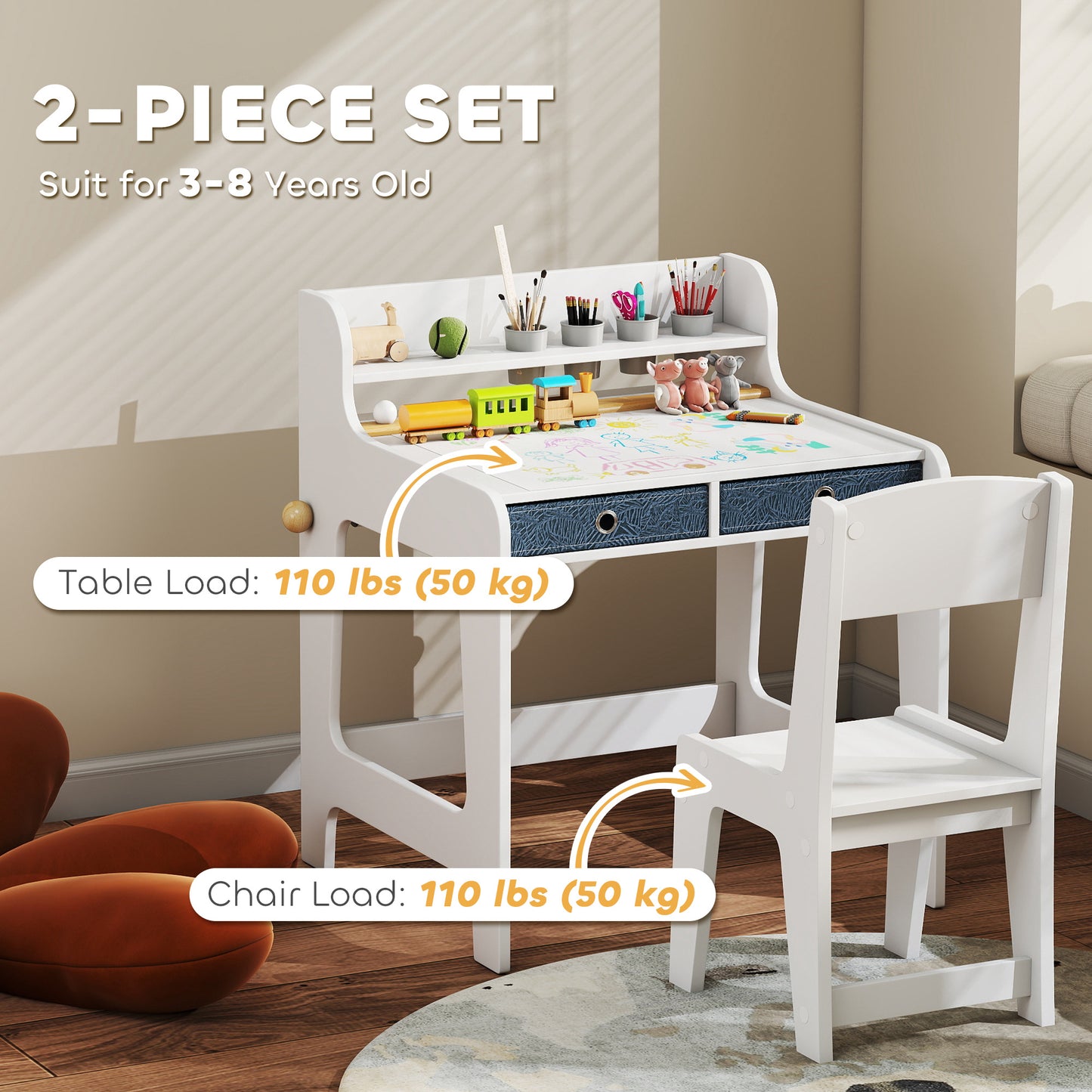 AIYAPLAY Kids Art Table and Chair Set with Storage Shelf and Drawers and Cupholders