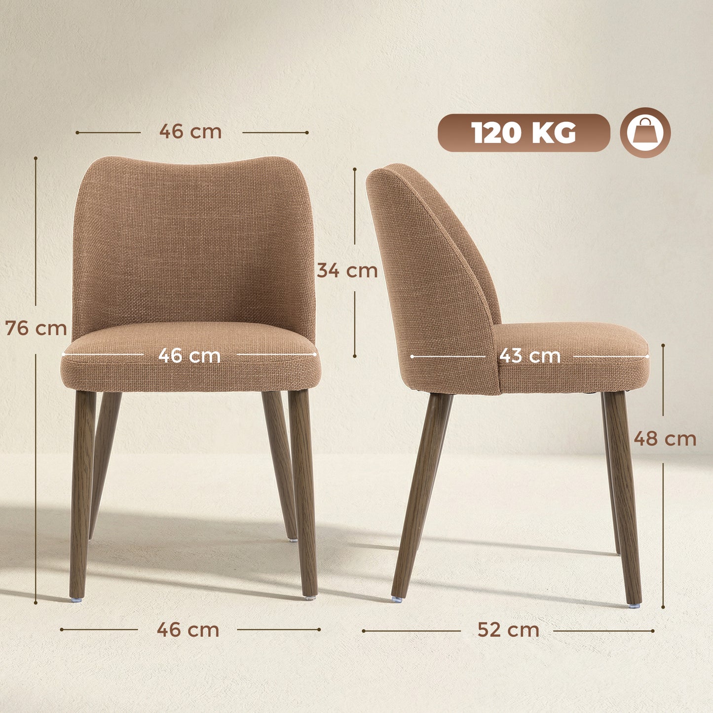 HOMCOM Dining Chairs Set of 2 Linen Upholstered Kitchen Chairs Padded Seat Curved Backrest Rubberwood Legs Brown