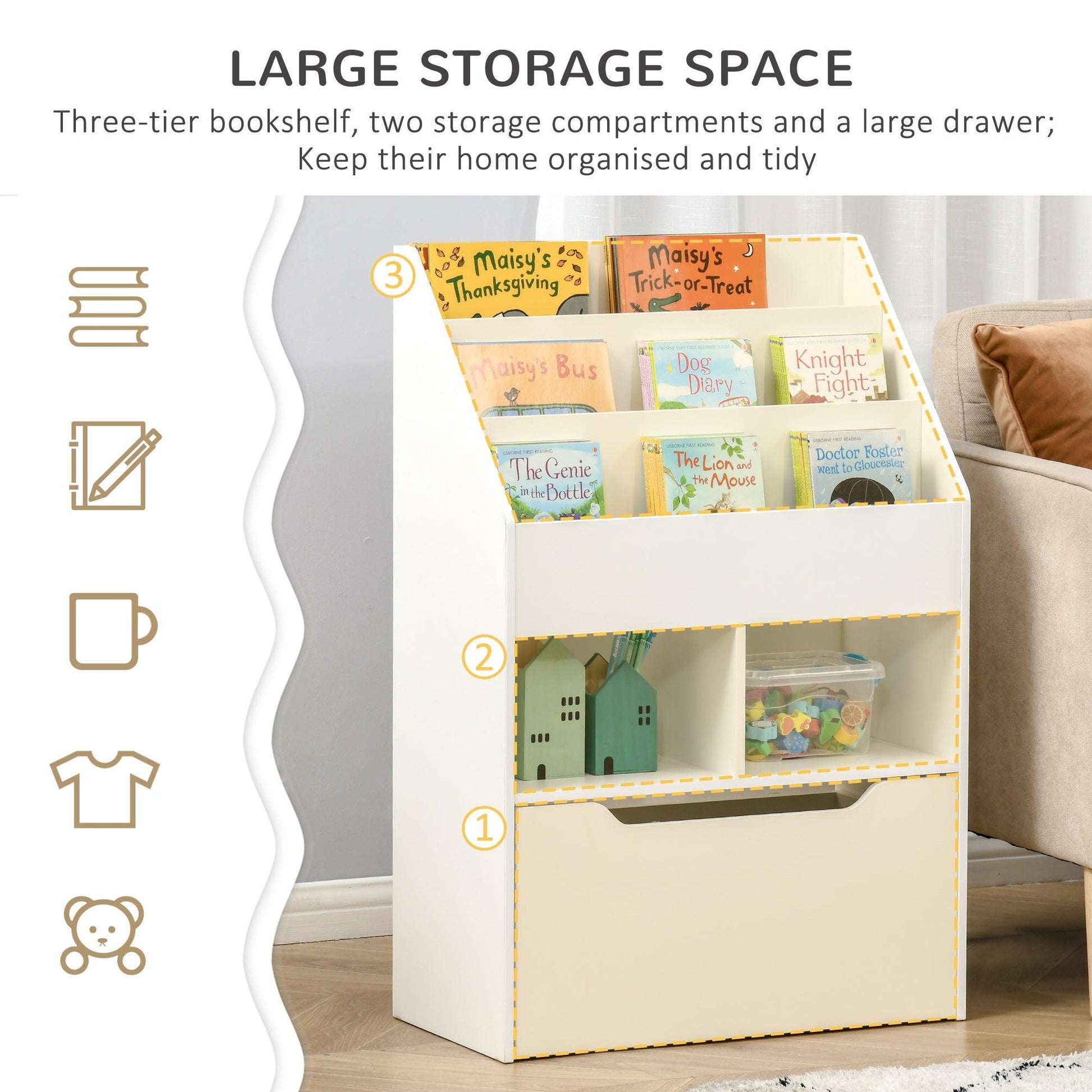 HOMCOM Kids Bookshelf, Toy Box w/ Storage Drawer, Wheels, for Bedroom - White - ALL4U RETAILER LTD