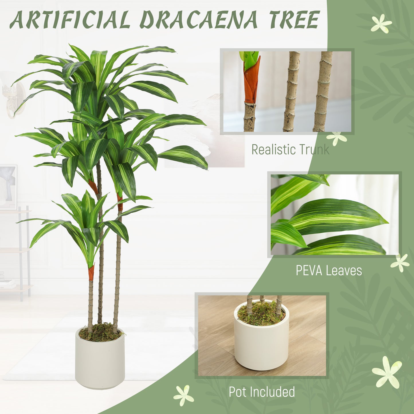 HOMCOM 120cm Artificial Dracaena Tree With Bendable Trunks Lifelike Green Indoor Decor