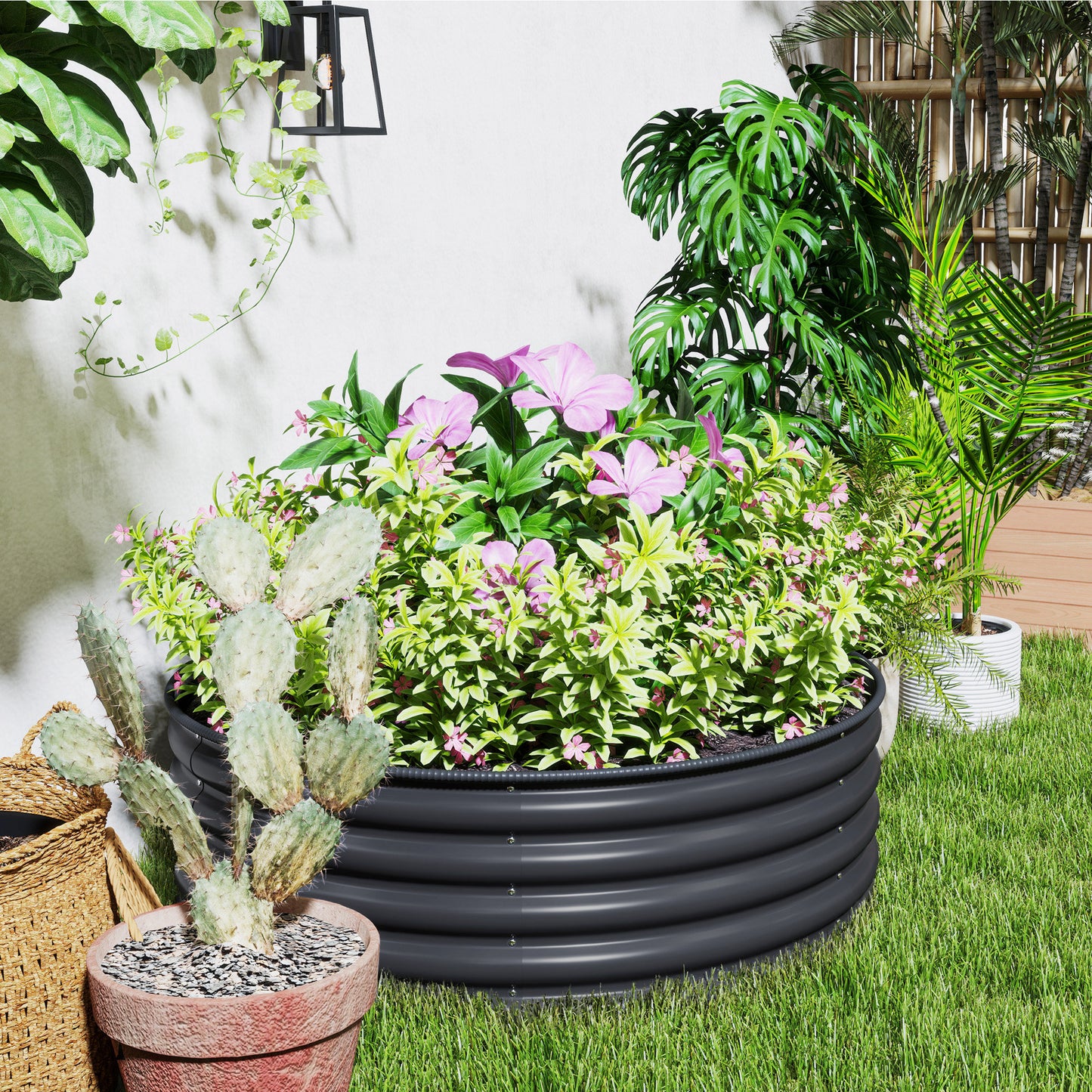 Outsunny Galvanised Raised Garden Bed With Safety Edging And Gloves Outdoor Planter Box 120 x 120 x 43cm Dark Grey