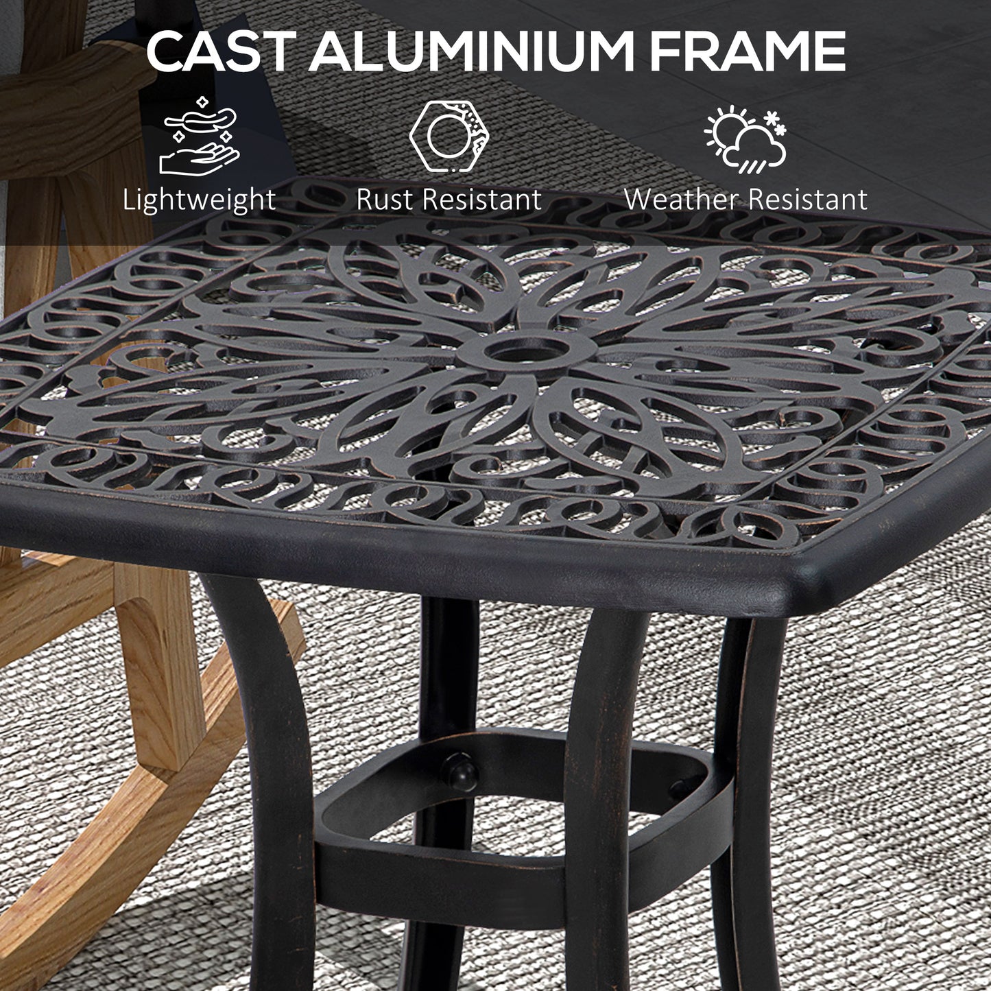 Outsunny Cast Aluminium Bistro Table Outdoor Square Side Table With Umbrella Hole Garden Table For Balcony Bronze Tone