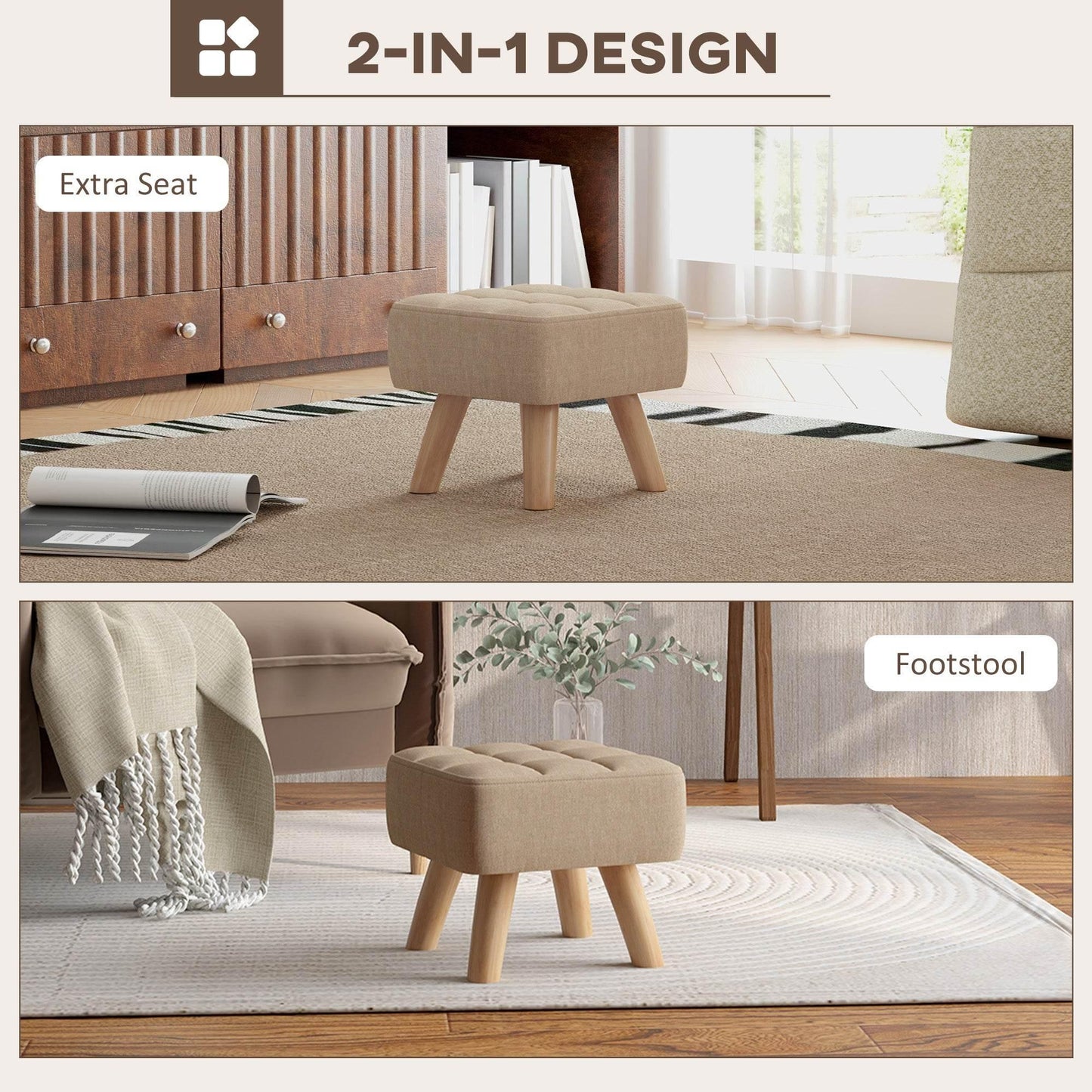 HOMCOM Chic Tufted Footrest Stool with Rubber Wood Legs, Upholstered Padded Seat for Living Room, Bedroom, and Entryway in Light Brown - ALL4U RETAILER LTD