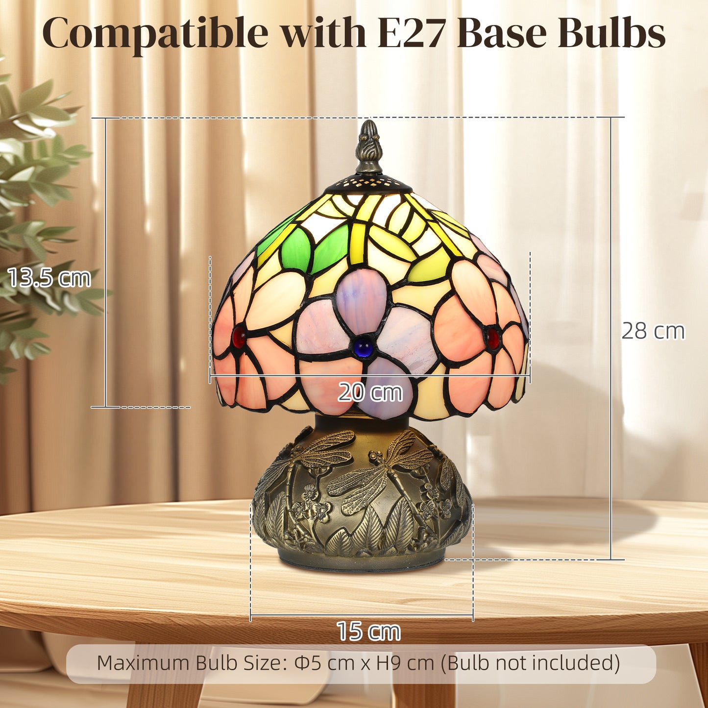 HOMCOM Tiffany Style Table Lamp With Dragonfly Base Stained Glass Pink For Living Room And Bedroom E27 Socket