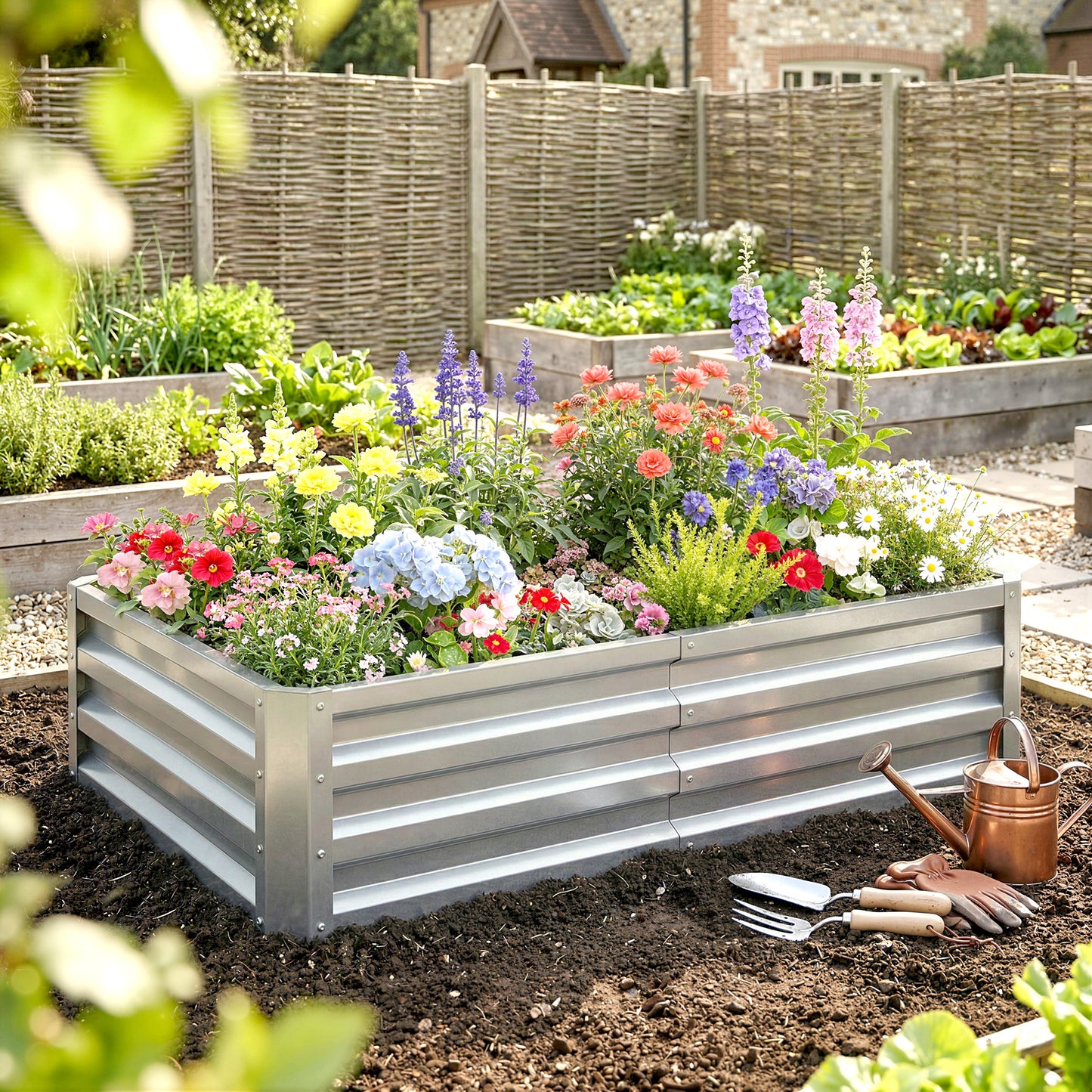 Outsunny Galvanized Raised Garden Beds For Herbs And Vegetables, Outdoor Planters For Patio Balcony Backyard, Silver