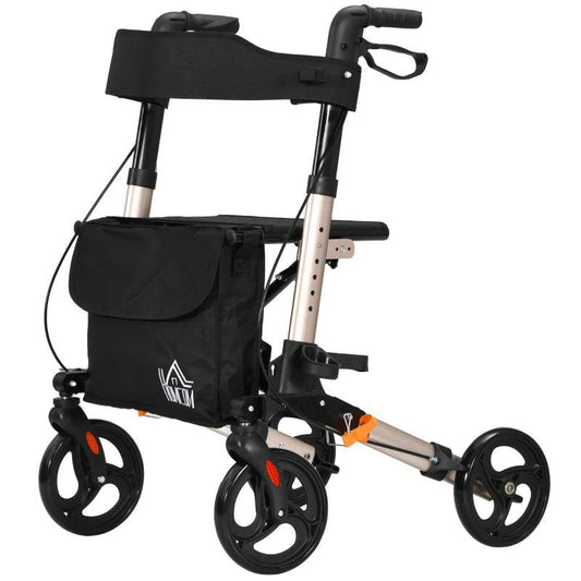 HOMCOM 4 Wheel Rollator with Seat and Back - Folding Mobility Walker with Carry Bag, Adjustable Height, Dual Brakes, Cane Holder - Lightweight Aluminium Walking Frame for Seniors and Disabled in Gold Tone - ALL4U RETAILER LTD