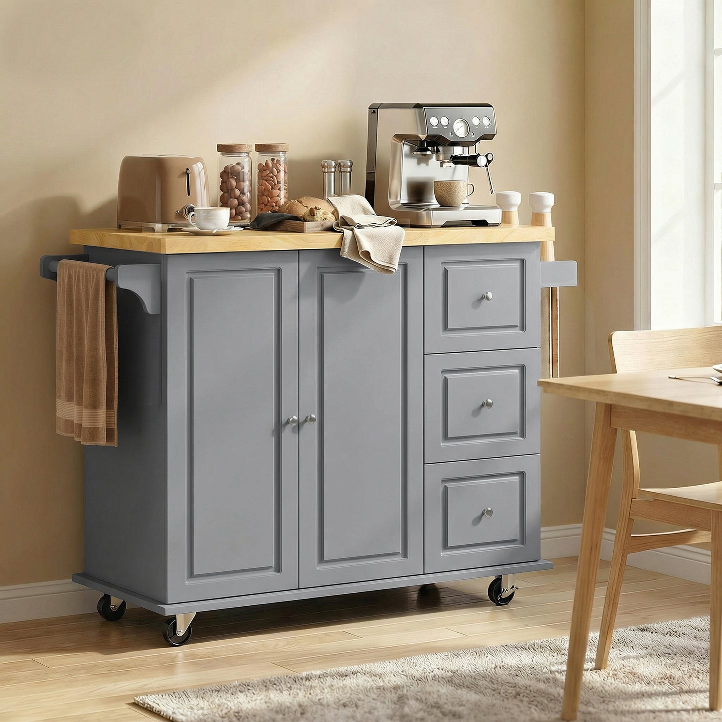 HOMCOM Kitchen Island On Wheels With Drop Leaf And Spice Rack Rolling Storage Trolley With Drawers Grey