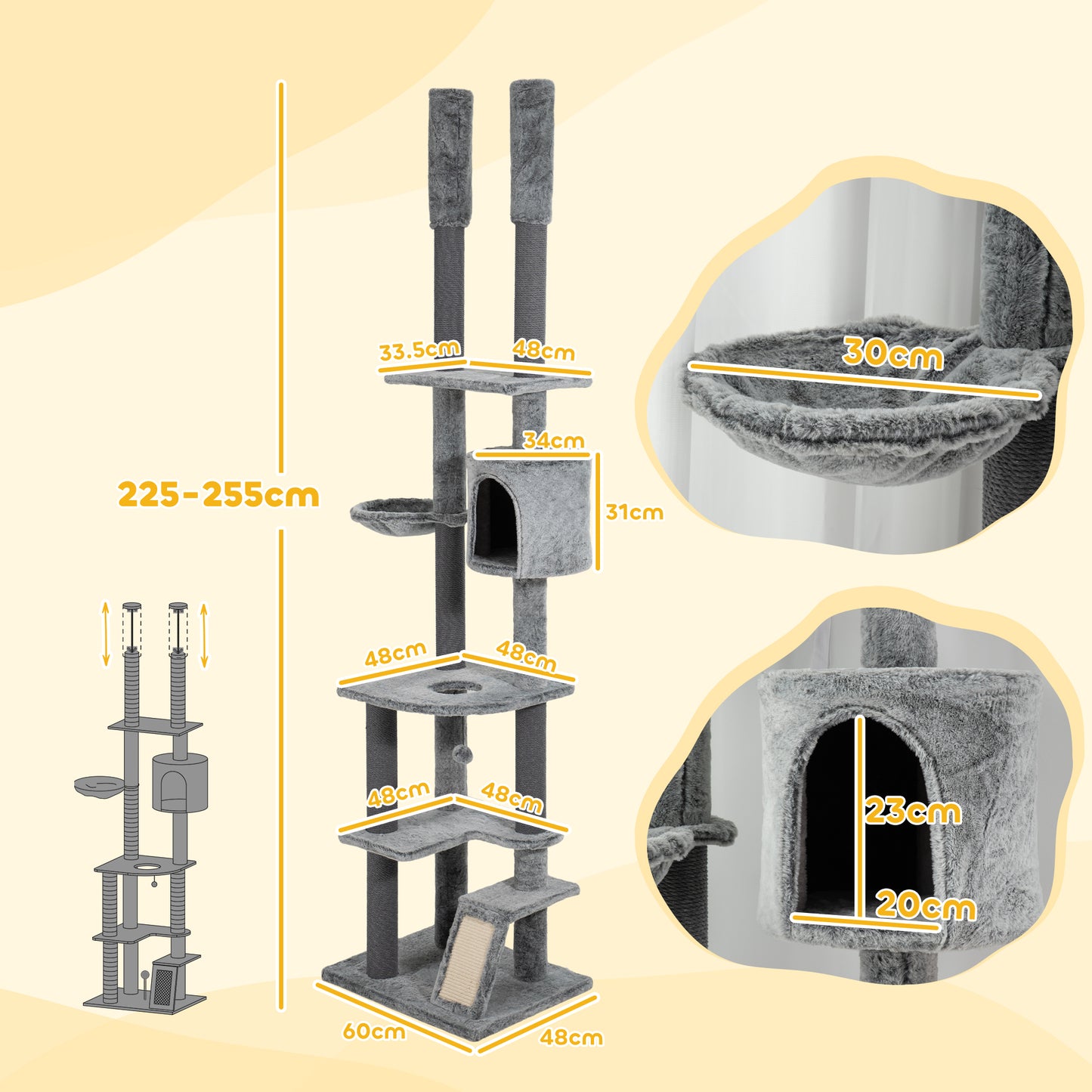 PawHut Adjustable Height Cat Tower with Scratching Posts, Condo, and Ramp - Floor-to-Ceiling Design