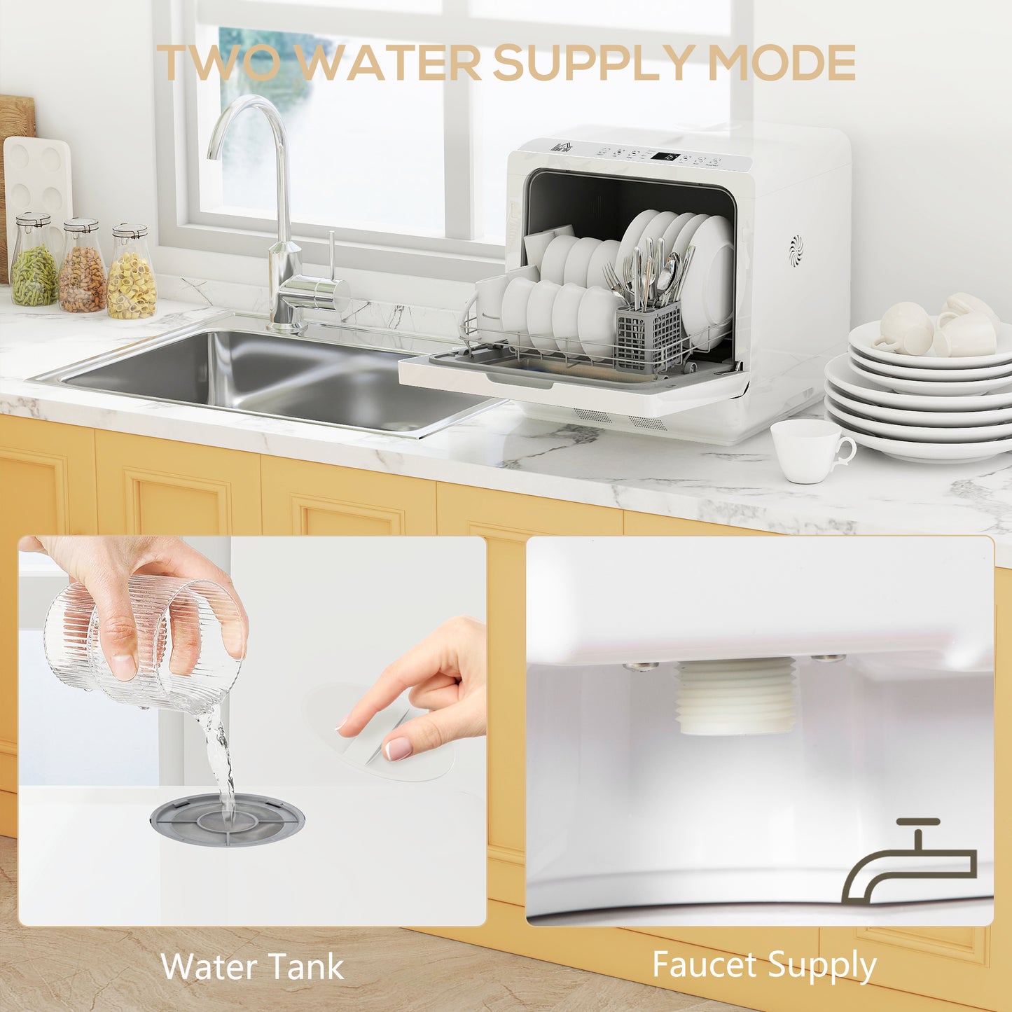 HOMCOM Tabletop Dishwasher Built In 6L Water Tank 6 Programs 4 Place Settings White