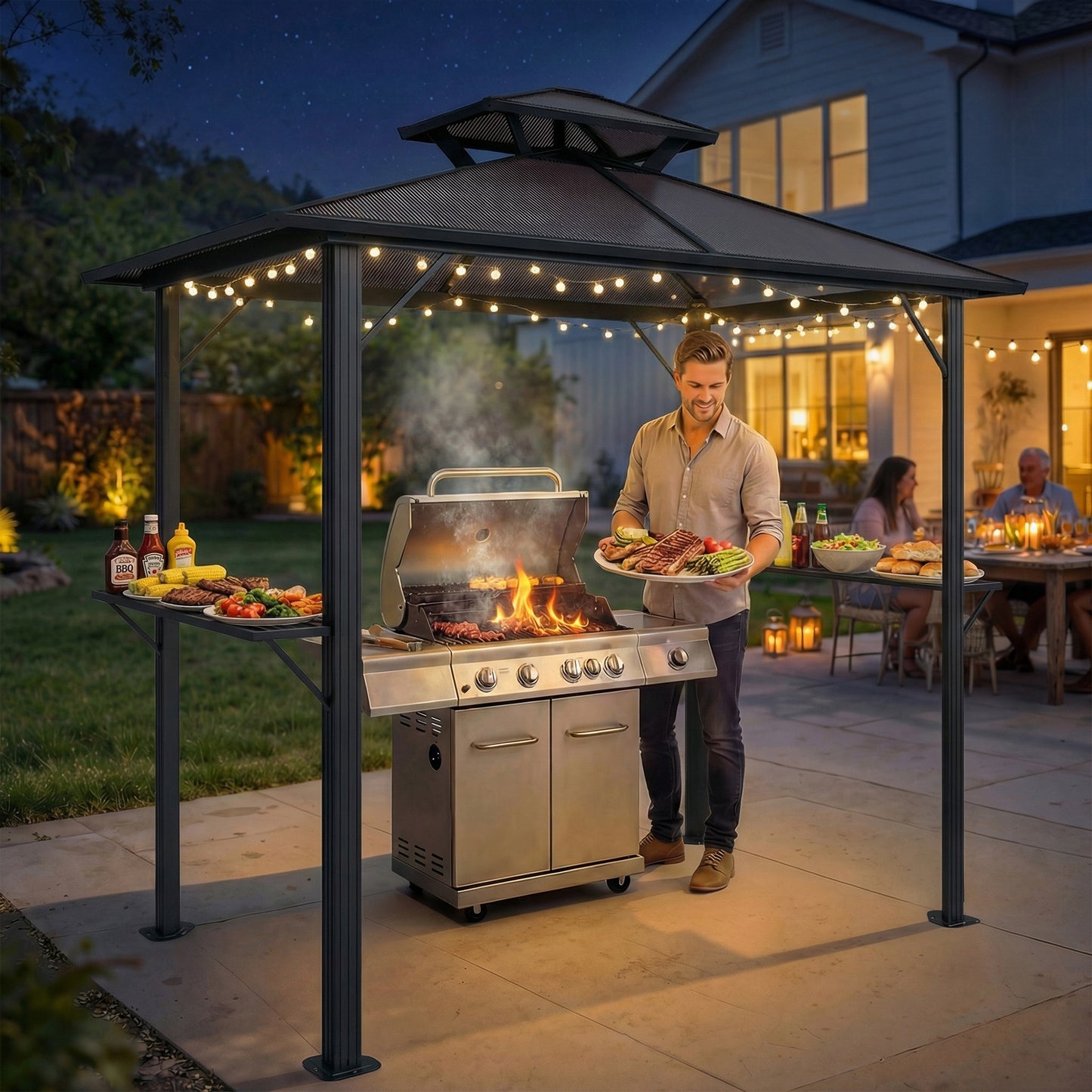 Outsunny 2.5 X 1.5 M Hardtop BBQ Gazebo With Double Roof Aluminium Outdoor Shelter Brown