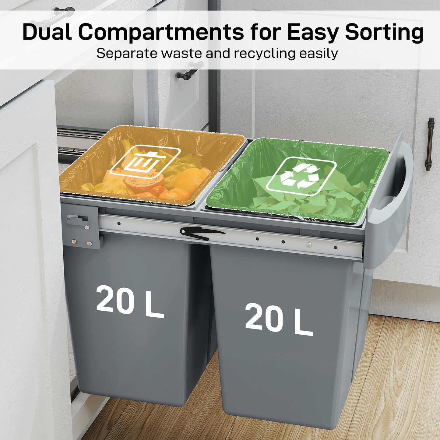 HOMCOM Pull Out Kitchen Bin Under Sink With Dual Removable Compartments And Smooth Glide Grey