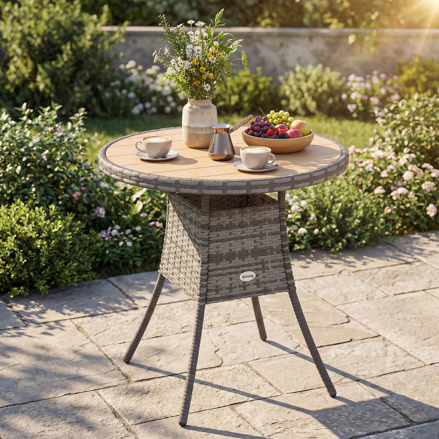 Outsunny 70 Cm Wood Effect Rattan Garden Table With Galvanised Steel Frame Natural Wood Finish