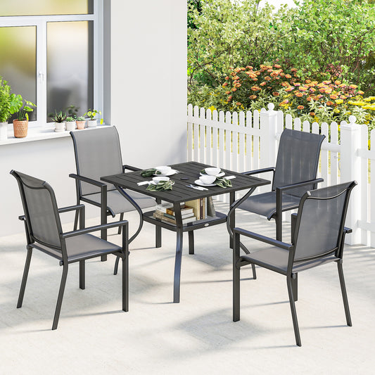 Outsunny 5 Piece Outdoor Dining Set for 4 With Table and Stackable Chairs Breathable Mesh Seats Parasol Hole Grey