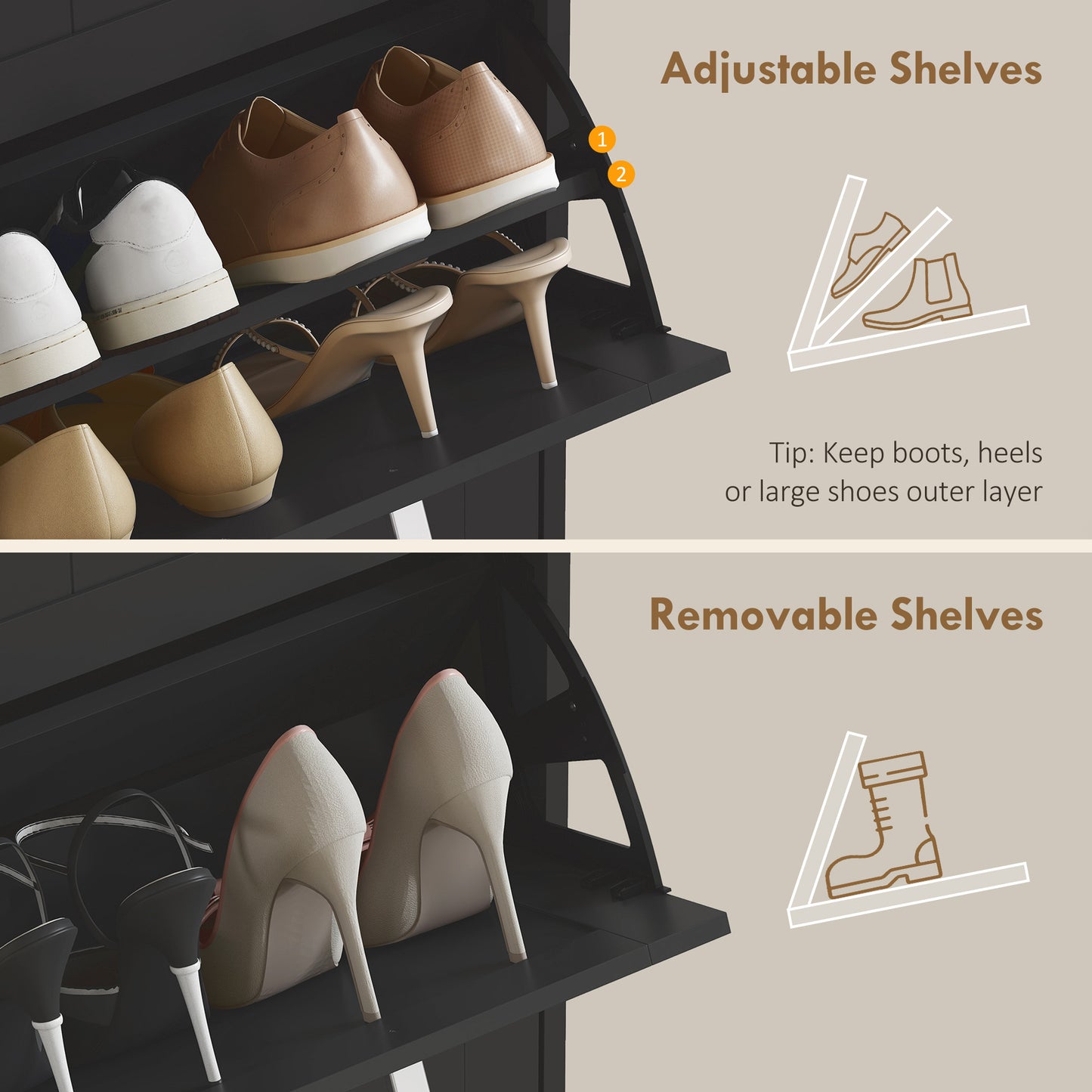 HOMCOM Narrow Three Drawer Minimalistic Shoe Cabinet Black With Adjustable Shelves Fits 15 Pairs